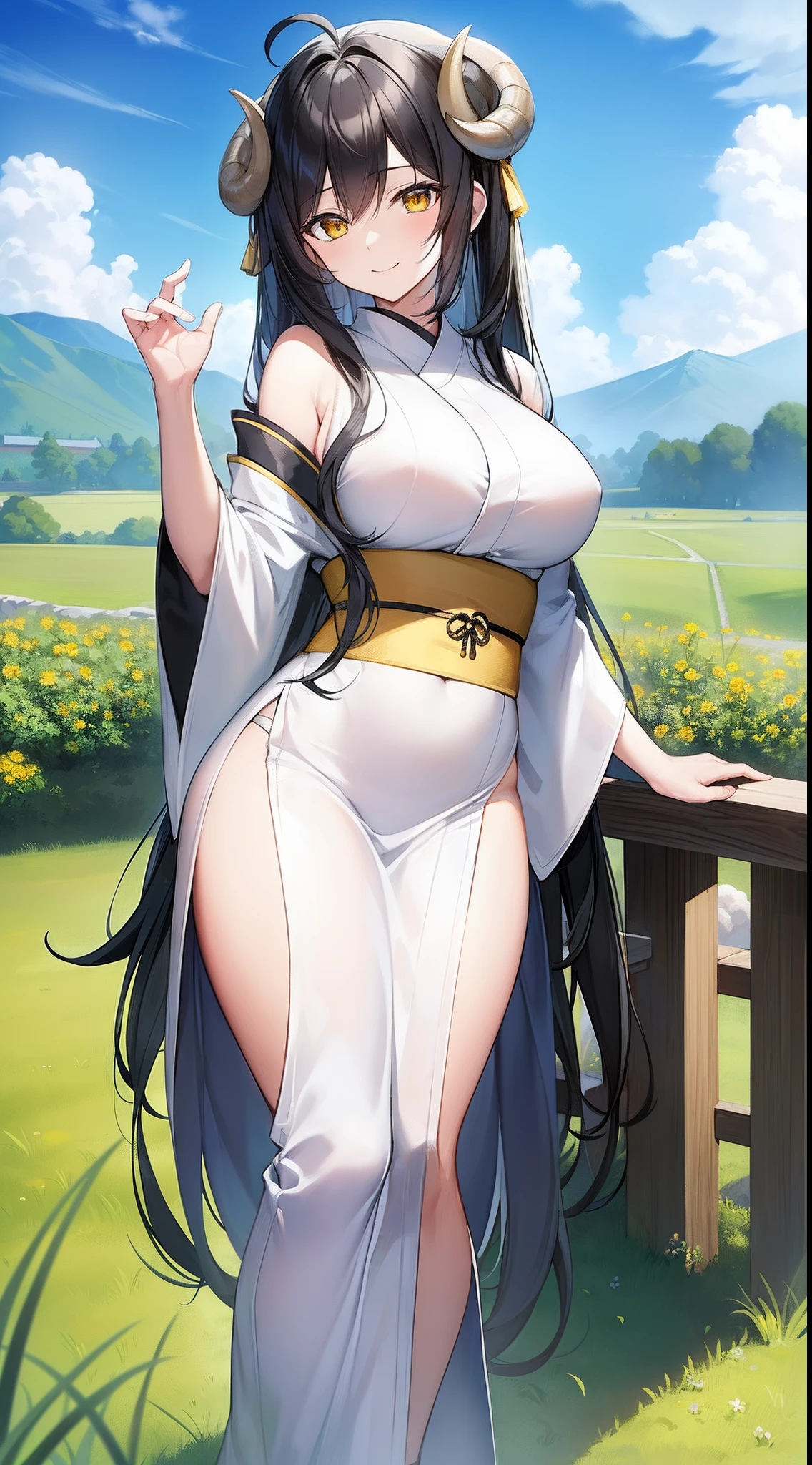 (Masterpiece: 1.5), (Best Quality: 1.5), High Resolution, High Detail, anime animation, 1woman, mature, (jet black hair), ahoge, white sheep horns, yellow eyes, smile, E cup breasts, (all white kimono), posing, grass field