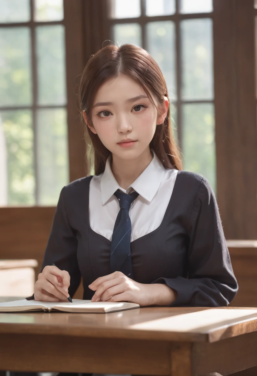 ((((Classroom、Sit on a desk、japanese hight school uniform、white shirt、The chest of the shirt is visible、Colossal tits、during a meal)))、Slender girl、light skinned、(delicate illustration:1.4)、(Master Pieces:1.0)、(top-quality:1.4)、(Ultra HD:1.2)、(Photorealsitic:1.4)、(Raw photo:1.2)、(softfocus:1.4)、Detailed face、