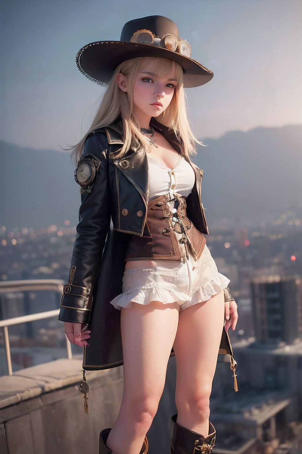 Nsfw, (8k,(best quality, masterpiece, ultra high res)1.2), (1girl, very cute teenager girls, steampunk fashion, steampunk brawn hat, steampunk white shirt, steampunk brawn skirt, steampunk brawn long-boots, steampunk accessories, steampunk brawn coat, :1.6), (round face:1.5), (round eyes:1.5), a steam-powered dusky skin, Royal look hat, dark smoke fog background, Portrait of a gold and copper mechanical woman, sci-fi steampunk, glossy eyes:1.3, brawn eyes:1.3, (short of stature:1.4), (flying the sky:1.8), round breasts and medium breasts:1.2, (pantie shot:1.4), white pantie, Very fair pale skin, various hairstyles:1.3 lips, motion_blur, open_mouth, realistic, legs, (full body shot:1.5}, looking on viewer, {(background:(beautiful night city)2,(detailed background)2}, halfrear Lighting, Backlight, Natural Lighting, Moody Lighting, Cinematic Lighting, Studio Lighting, Soft Lighting, super detailed, insanely detailed and intricate, detailed hair texture, color grading, beautifully color graded, Unreal Engine, Cinematic photography, photo realism, a full scene, a full body,