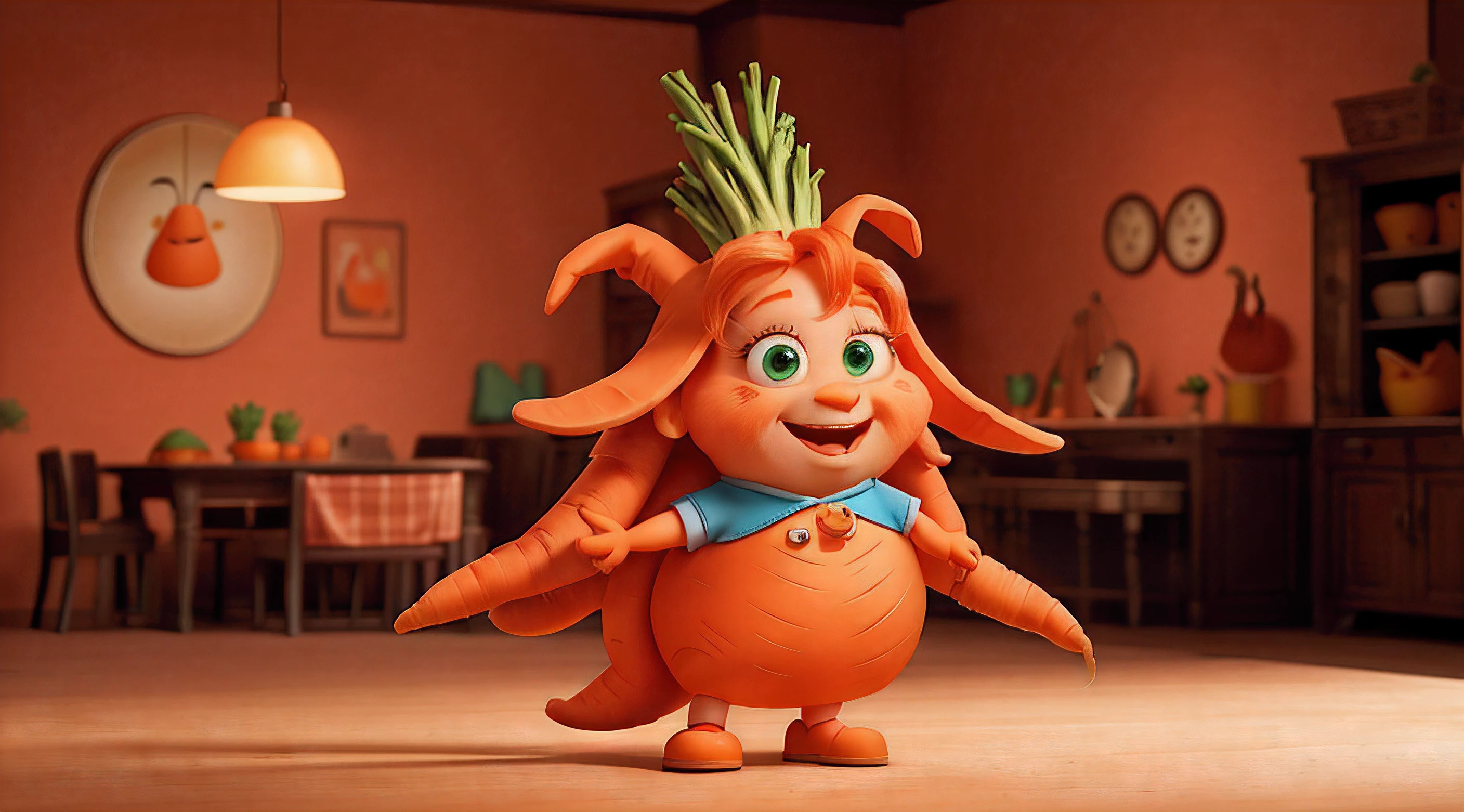 There is a cartoon character, who holds a carrot, As a character in Claymation, by Pixar, carrot hair, anato finnstark. pixar, depicted as a pixar character, rabbt_character, as a pixar character, pixar renderman render, Pixar character, pixar cute character design, cute pixar character, carrot, Cyborg Friendly Carrot