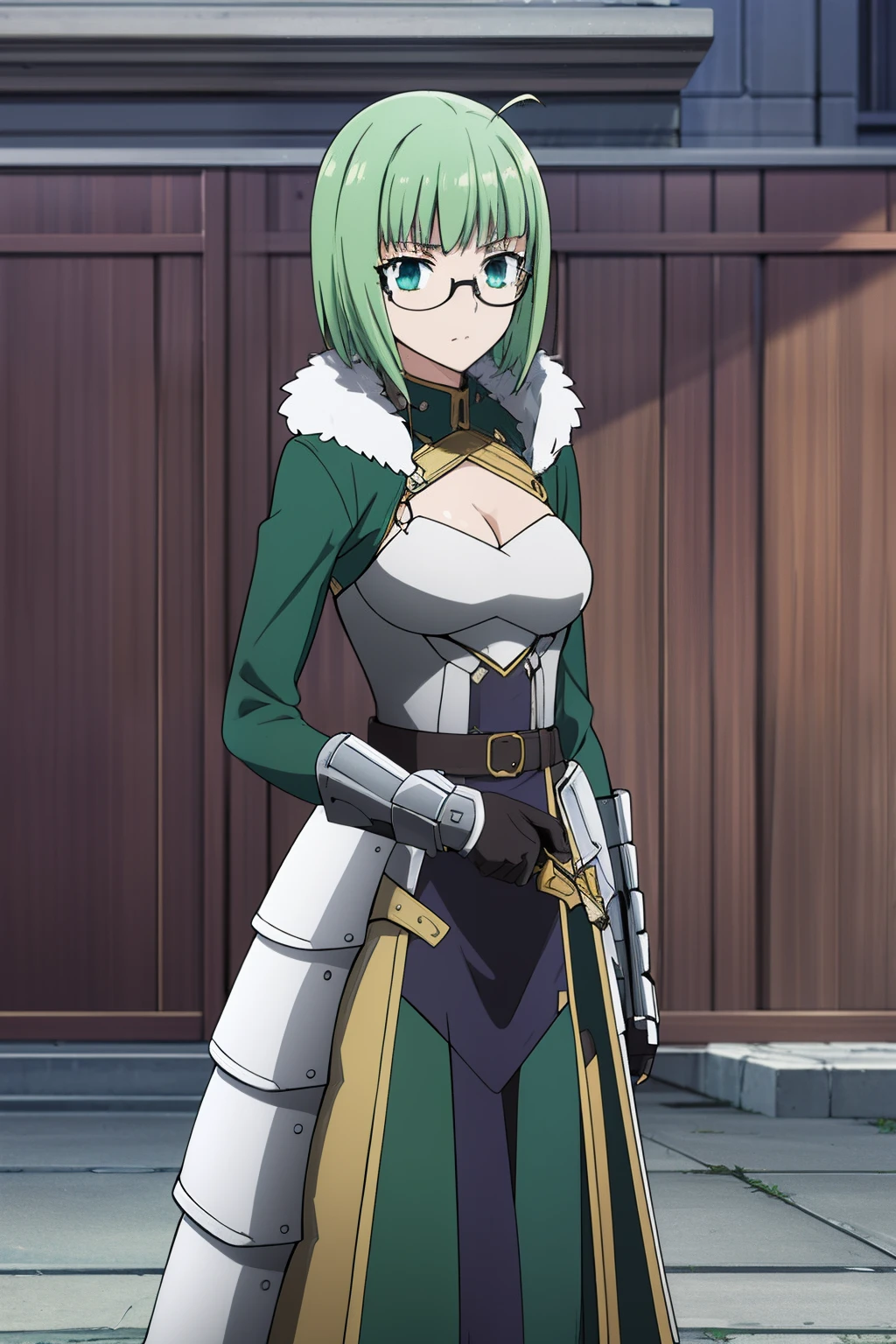 1girl,masterpiece, 8k,semi-realistic,4k,RTX,shaders,brilliant texture work, (tall)), ((medium breast)), belt, masterpiece, best quality, ((glasses)), green fur jacket, blue dress, (blue-framed eyewear:0.9), green hair, yellow hair, arrogant, princess dress, armored, hold sword