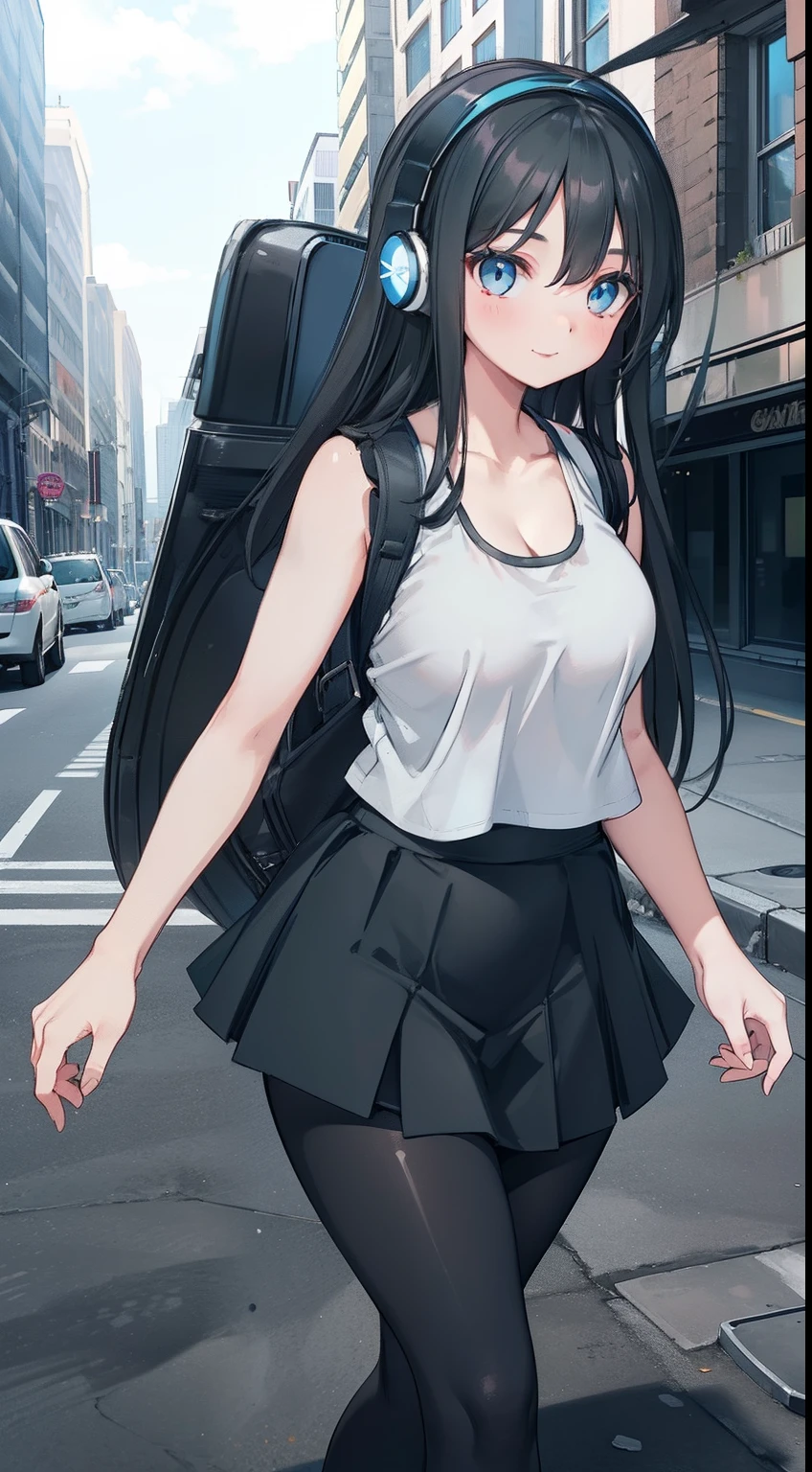 Girl, Long Black Hair, Slightly Grey, a little bit thicc, Blue-Grey Tank Top, Black Leggings, White Skirt, Headphones, Blue Eyes, Walking On Street, Smiling, White Skirt, backpack, a bit bigger thighs and hips, Headphones, hourglass figure,