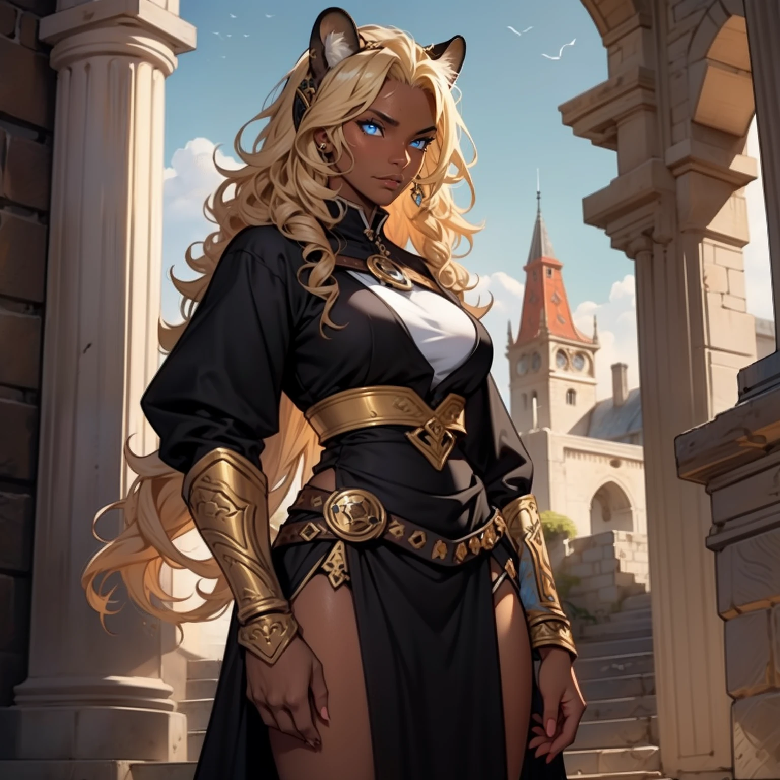 Dark Skin Woman. Leopard Woman. Blue eyes. Blond hair. Dark skin Woman. Medieval art. Curly Hair. Curly Blond Hair. Alone. DARK SKIN. Leopard Ears. Warrior Clothes
