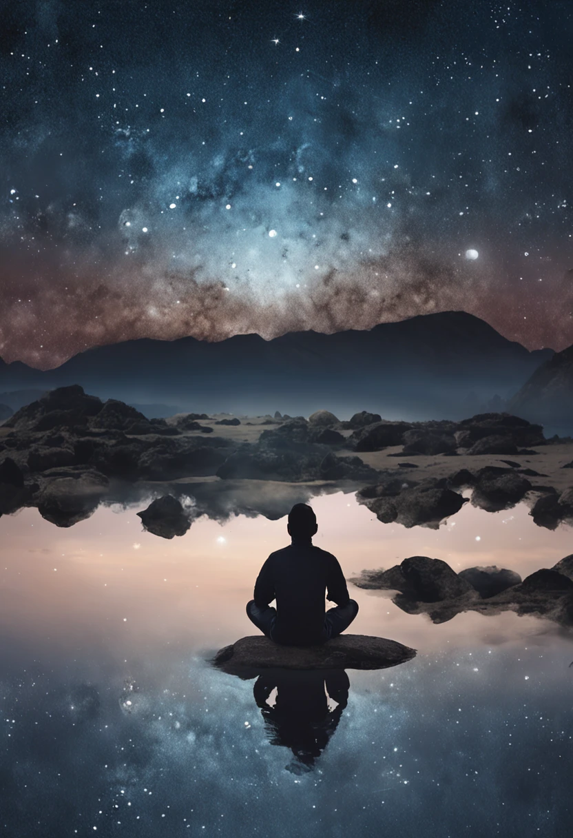 Un retrato pintado digitalmente de una persona con los ojos cerrados, Cabeza inclinada hacia una luna llena brillante. La luz de la luna proyecta un tranquilo tono azul sobre el rostro sereno de la persona., highlighting his expression of inner stillness and Zen. Las estrellas brillan suavemente en el cielo nocturno de fondo. El paisaje alrededor es tranquilo, with a lake reflecting moonlight near where the person sits peacefully in a lotus pose. Sus manos descansan sobre sus rodillas, Face that portrays a deep sense of meditation and calm. The overall mood of the picture is relaxing, luminoso y centrado, Al igual que la paz interior que el sujeto siente en su interior irradia hacia afuera bajo la luz meditativa de la luna.. Style is atmospheric, Elegante y relajante.