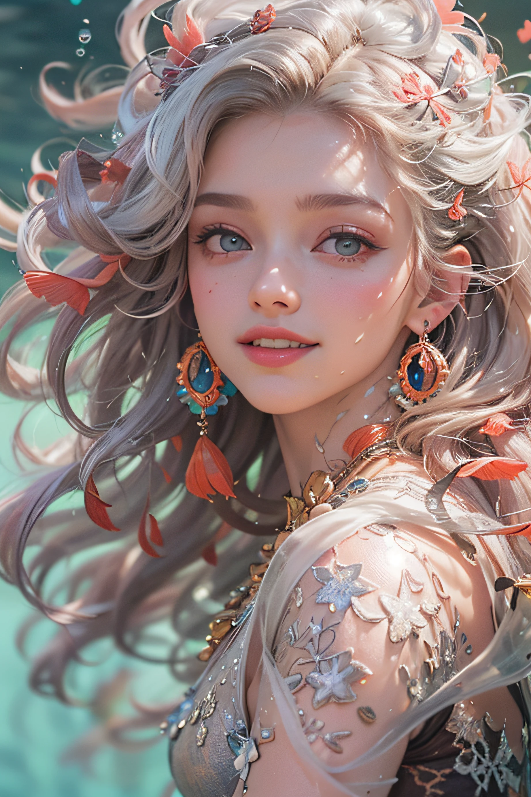 (Highest quality authentic textured skin),(abyssal),(Fine, Round, Symmetrical eyes),Delicate facial features,(Burning bright and cold eyes),(She has a mischievous smile on her face),(Her face is gentle and beautiful),Glass earrings on the ears,,(Blonde hair),(silvery white hair),(Maroon hair),(Swim at the bottom of the sea),(Full body portrait:1.5),(Dramatic photo:1.4),(dramatic pose),(flamboyant photo)(facing up),(Looking down),(Around her neck hangs a simple necklace of exquisite craftsmanship),A messy painting,(Hair flows in water:1.5),(Underwater, Marine life, Beautiful coral reef, Fish),(Vortices and tidal currents in the background),(Dramaticlight),(Magnificent scene),(Surrounded by beautiful fish),In the distant background is a temple submerged in a coral reef,the reef,Epic realism,Cinematic feeling,(high-density imaging review:1.5),(Soft color:1.2),Ultra detailed,Dramaticlight,(intricately details:1.1),the complex background,