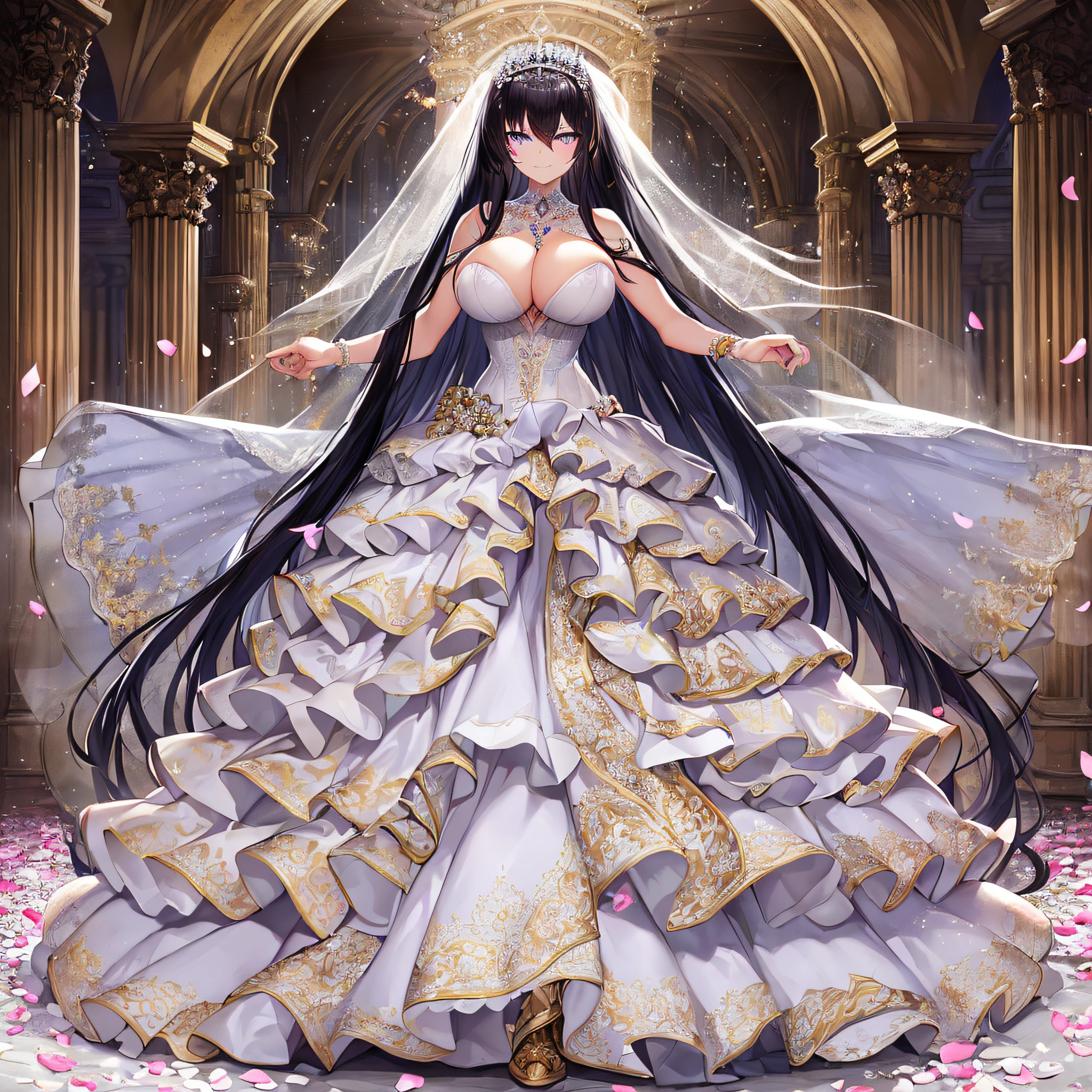 ((anime artstyle)),Masterpiece,Best Quality,Super Detail,Very Delicate and Beautiful,Solo,((full body)),(((1 arrogant queen wearing gorgeous white ballgown wedding dress with voluminous crinoline hoop skirt))),voluminous frills and beautiful lace,((gigantic tits,skindentation)),jewel-like eyes,(haughty smile),(((arrogant,haughty))),dominant pose,Sharp eyes,Purple eyes,(Beautiful detailed face and eyes),((Bangs between eyes,voluminous straight hair,extremely Long straight Hair)),black hair,gorgeous embroidery and lace,luxury hair ornament,extremely gorgeousfull jeweled tiara,long train,bling-bling gorgeous gemstone jewelry,long wedding veil,full body,standing in the sacred cathedral,white lily flowers,flower petals flowing,light particles,Sacred Light,((gorgeous white ballgown wedding dress with voluminous crinoline hoop skirt))