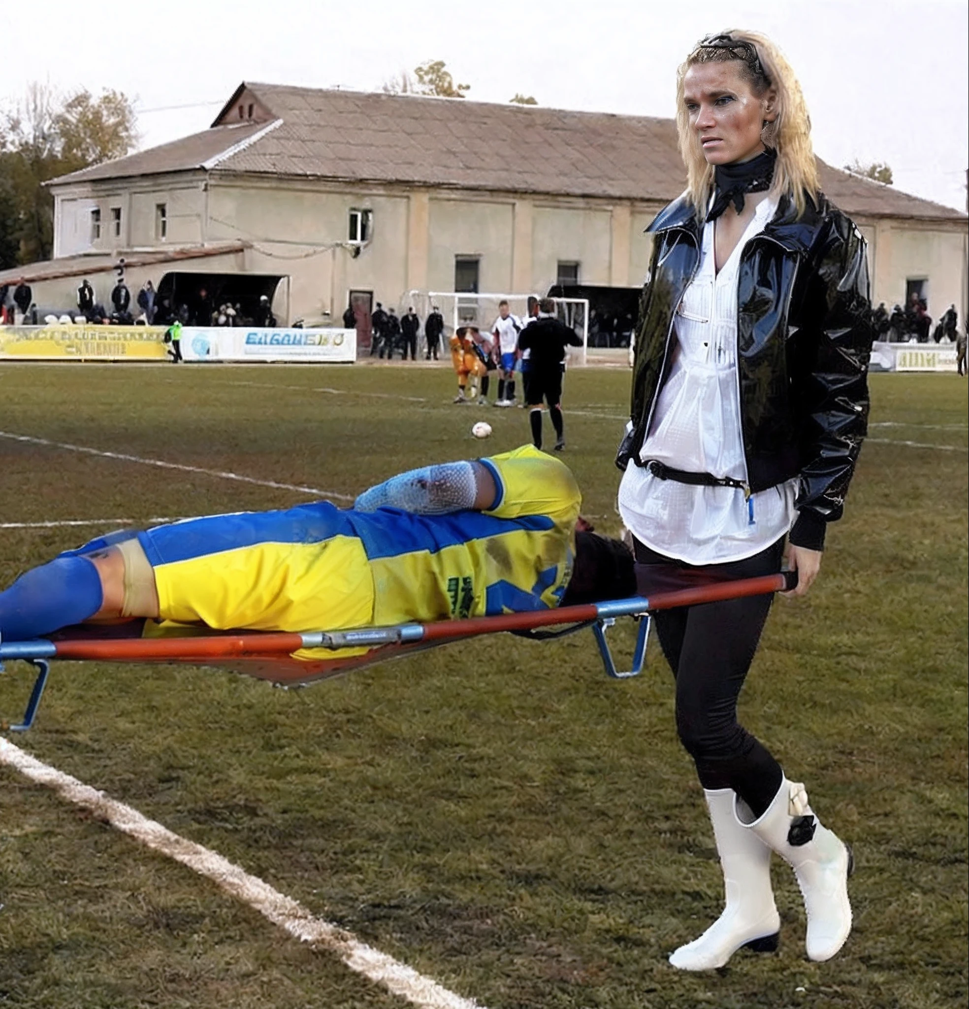 Photography of an injured sportsman on a stretcher being carried by a longhaired blond woman in a long black down coat, a young male soccer player in short sportswear is lying on a stretcher on his side with the back to us, an injured male player is lying horizontally on a stretcher with a bandage on his ellbow, hyperralistic, very realistic, ultrarealistic photorealistic, pgoto, photoreal, a young woman is wearing a high shine black downcoat and is holding a stretcher inside a sports stadium, a young madeup blond woman in a high-shine padded coat is shouting out for help and has a very sad and furious expression in her face, a sportsman is lying on a stretcher and has a very painful and suffering face, a young sportsman on a stretcher with a very painful expression in his face, dramatic action pose, sports accident, injury scene, theatralic pity pose, pity pityful, pain, a sportsman is lying on a stretcher and is crying in pain, a young madeup woman in a shiny coat is carrying a man on a stretcher inside a sports stadium, sports scene, stadium
