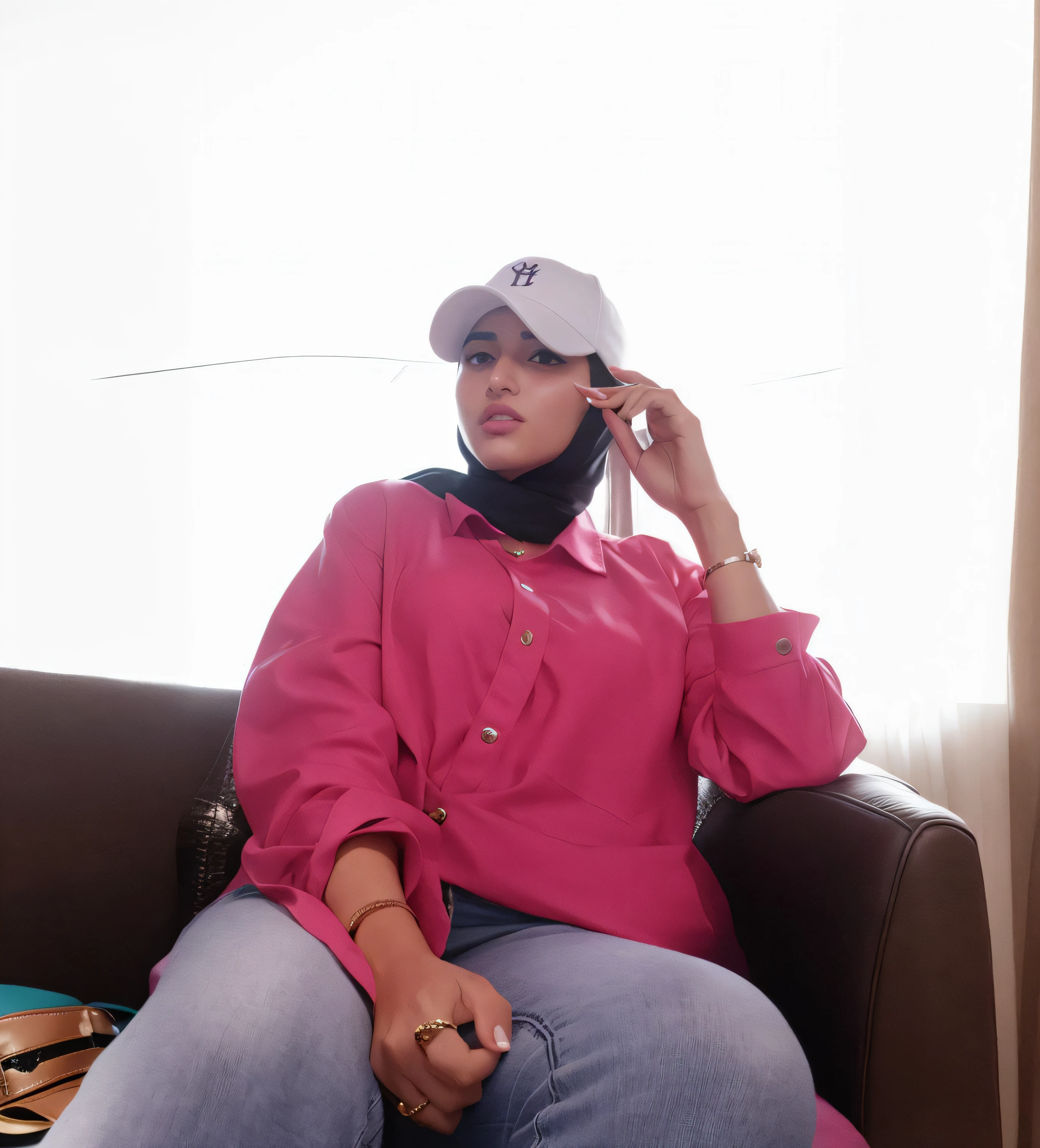 Woman sitting on a sofa wearing a pink shirt and hat, Belle femme iranienne, Ameera al Taweel bronzée, porter une casquette de baseball, Ameera al-Taweel arabe, Ameera Al Taweel arabe, porter des lunettes de soleil et une casquette, porter une casquette de baseball, Serena Malyon, Ameera al-Taweel, belle femelle
