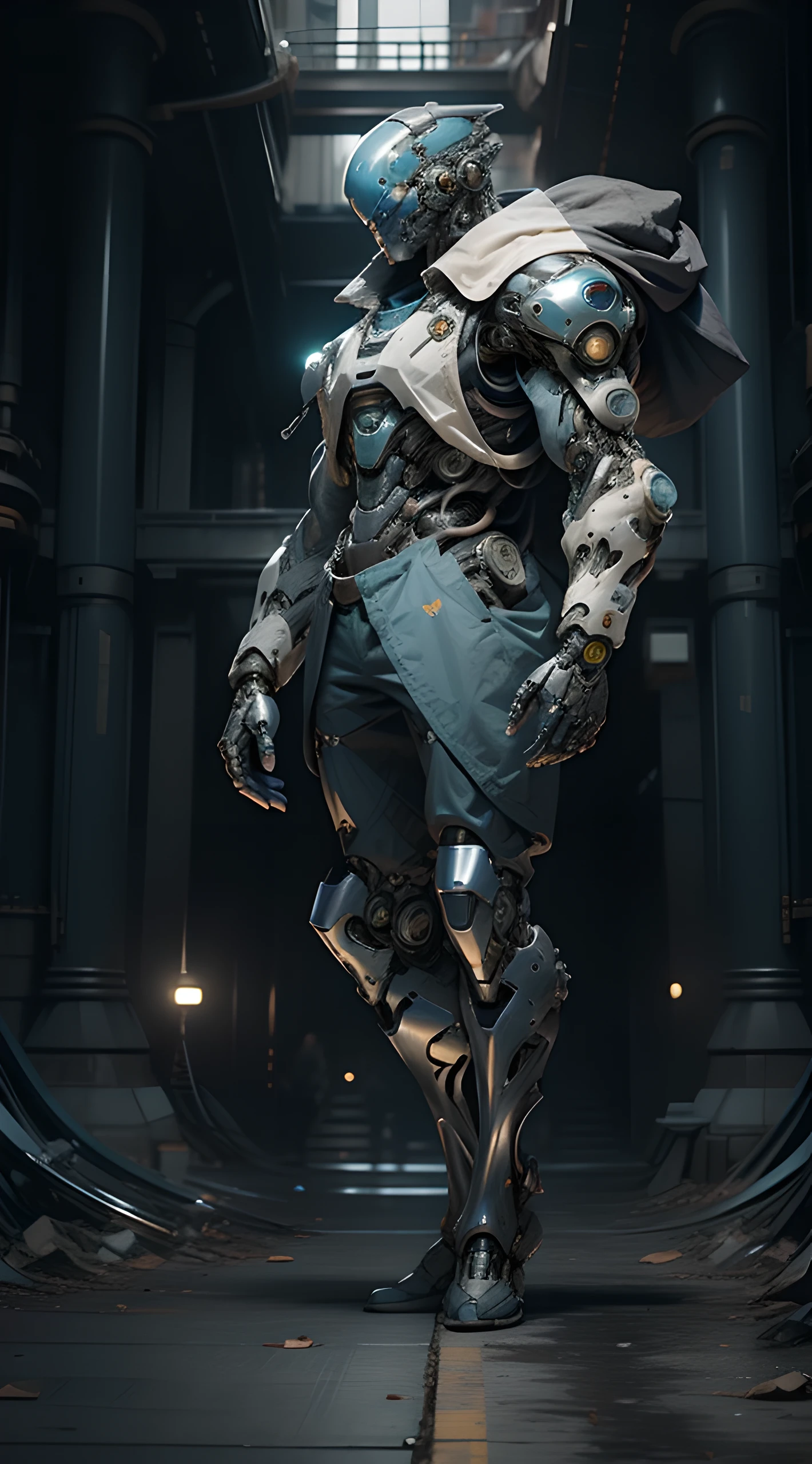 full body plane, a futuristic-looking ((blue chrome cyborg)) man with a fantastic ((square cyberhelmet head with blue lights)), mechanical feet, wearing a pair of ((iron gray tactical gloves)), dressed in a ((blue techwear jacket)), standing outdoor, facing the audience, face focus, cinematic lighting, sunny, bright light, sunlight, UHD, anatomically correct, best quality, masterpiece, reelmech