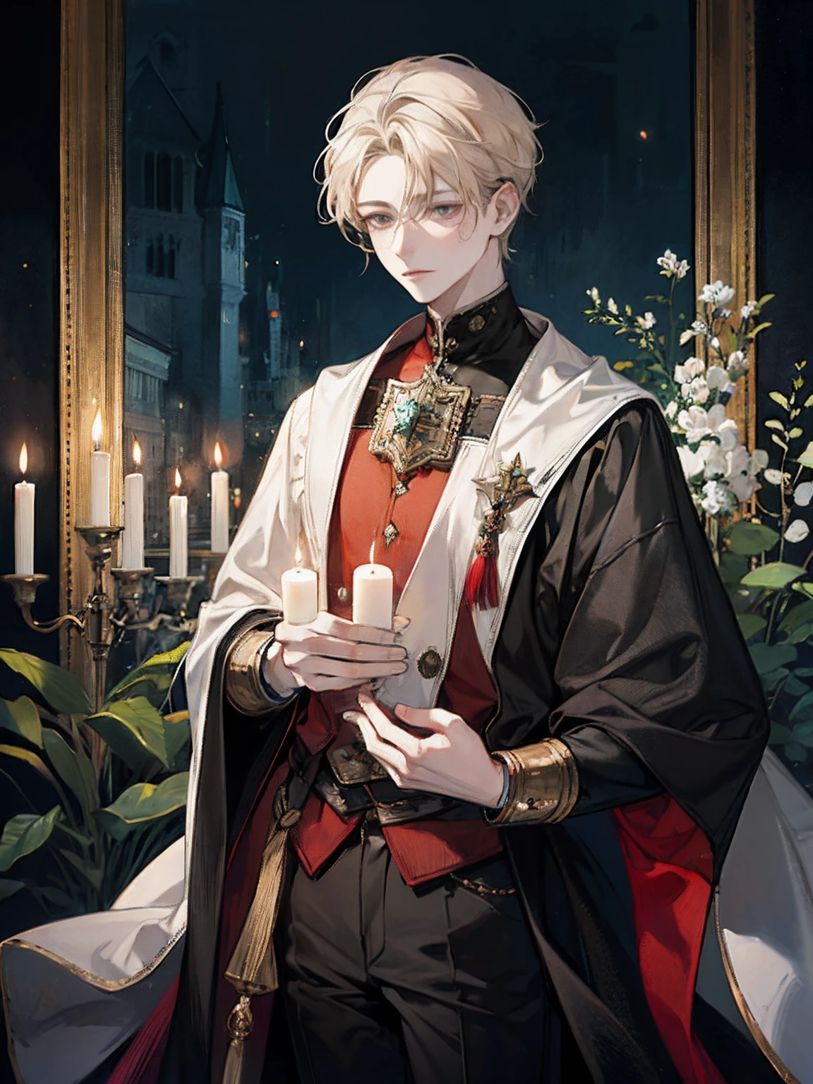 A painting of a man,holding a candle, portraitures, medieval times,Loose shirt,a warm color palette,the night,Low brightness,frilld,luz de velas,Male,Young men,Man