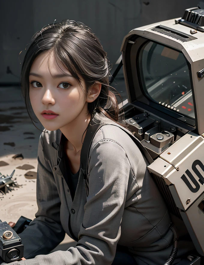 ((Highest image quality, outstanding details, ultra-high resolution), (nobody, realism: 1.4), ((close up:1)), highly condensed delicate surface, 1 machine generater, multiloader, excavator, (machine color base ratio dark grey:0.8 other-color:0.2), (putting a anti-aircraft weapon), background simple gray wall,