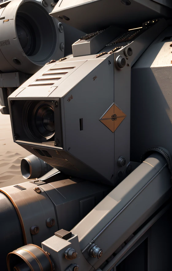 ((Highest image quality, reality, outstanding details, ultra-high resolution), (nobody, realism: 1.4), ((close up:1)), highly condensed delicate surface, 1 machine generater, multiloader, excavator, (machine color base ratio dark grey:0.8 other-color:0.2), (putting a anti-aircraft weapon), background simple gray wall, (Aging:0.75),
