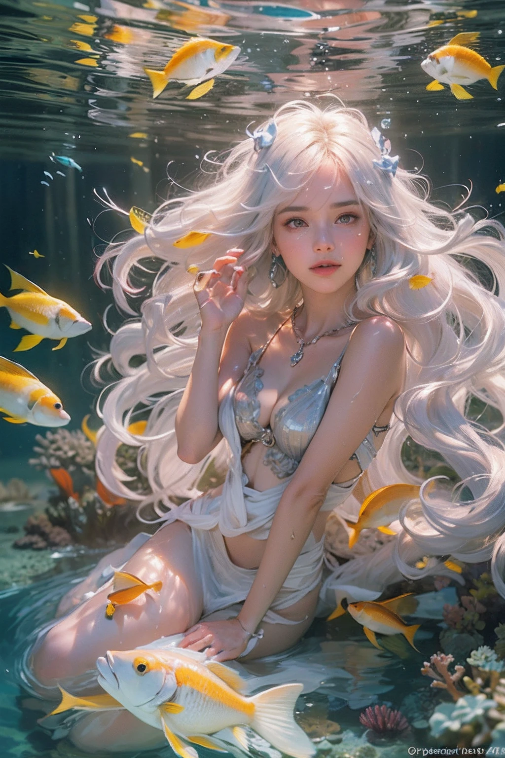 (Highest quality authentic textured skin),(abyssal),(Fine, Round, Symmetrical eyes),Delicate facial features,(Burning bright and cold eyes),(She has a mischievous smile on her face),(Her face is gentle and beautiful),Glass earrings on the ears,,(Blonde hair),(silvery white hair),(Maroon hair),(Swim at the bottom of the sea),(Full body portrait:1.5),(Dramatic photo:1.4),(dramatic pose),(flamboyant photo)(facing up),(Looking down),(Around her neck hangs a simple necklace of exquisite craftsmanship),A messy painting,(Hair flows in water:1.5),(Underwater, Marine life, Beautiful coral reef, Fish),(Vortices and tidal currents in the background),(Dramaticlight),(Magnificent scene),(Surrounded by beautiful fish),In the distant background is a temple submerged in a coral reef,the reef,Epic realism,Cinematic feeling,(high-density imaging review:1.5),(Soft color:1.2),Ultra detailed,Dramaticlight,(intricately details:1.1),the complex background,