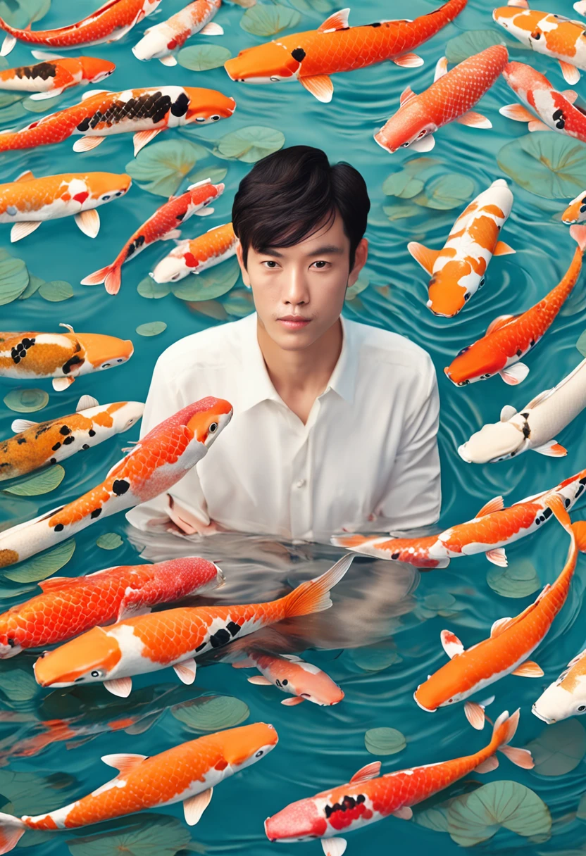 Portrait Photography of an individual, with expressive eyes, amidst a swarm of colorful Koi fish, in a wooden boat on a calm pond, emphasizing the symbiotic relationship of coexistence, close-up with a shallow depth of field, dappled sunlight creating a mesmerizing pattern, photographed by Takashi Yasumura, drawing from the zen ethos of Japan, instilling a meditative state of mind, the pristine clarity of water ripples, showcased in international art galleries