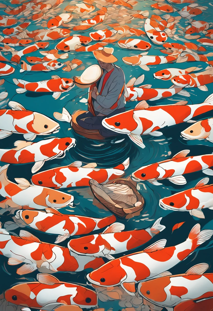 Portrait Photography of an individual, with expressive eyes, amidst a swarm of colorful Koi fish, in a wooden boat on a calm pond, emphasizing the symbiotic relationship of coexistence, close-up with a shallow depth of field, dappled sunlight creating a mesmerizing pattern, photographed by Takashi Yasumura, drawing from the zen ethos of Japan, instilling a meditative state of mind, the pristine clarity of water ripples, showcased in international art galleries