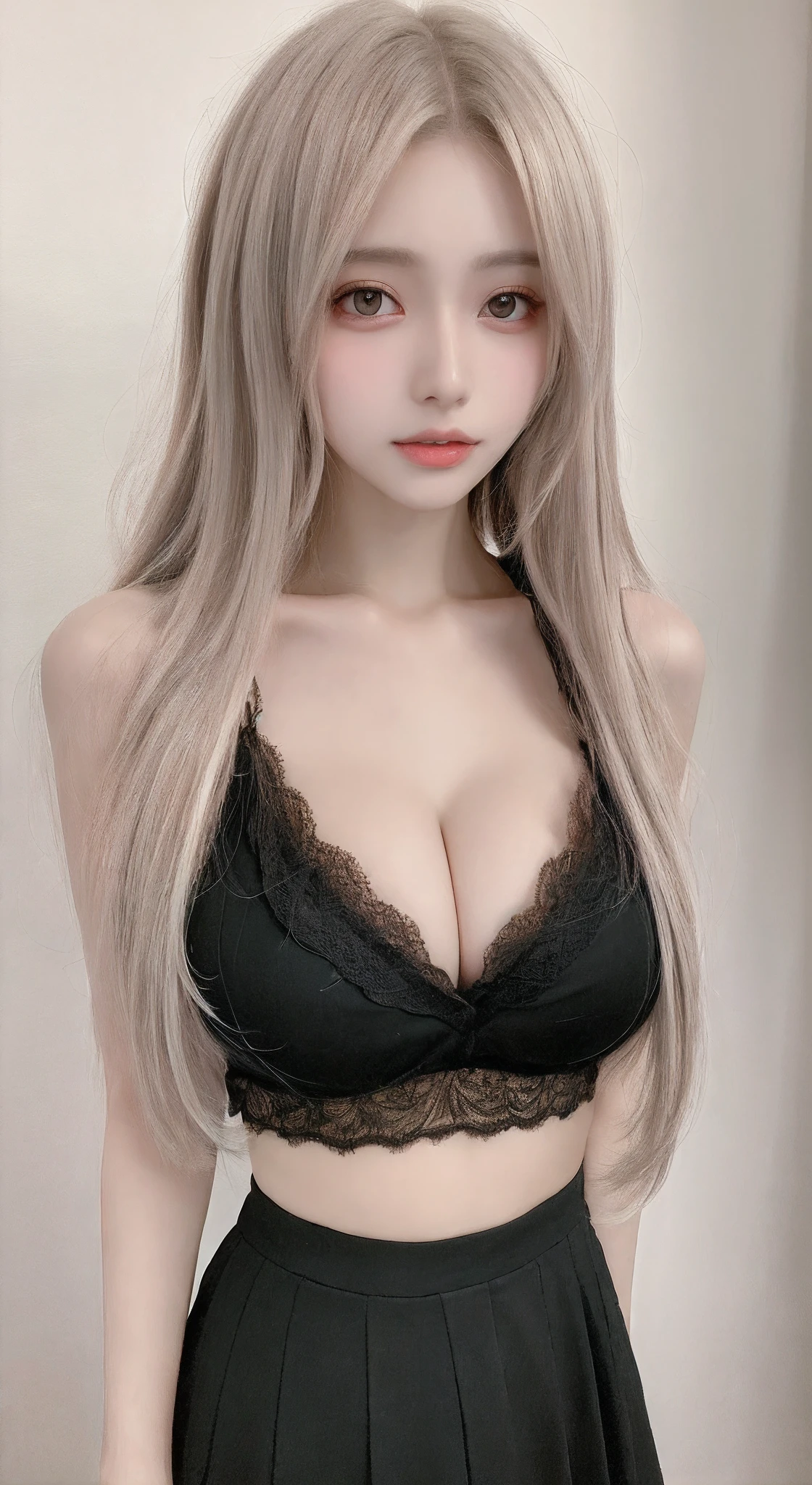 perfect figure beautiful woman:1.4,Layered Hair Style,Protruding cleavage:1.2,Lolita skirt,Highly Detailed Face and Skin Textur,Narrow eyes,二重まぶた,Whitens the skin,long whitr hair