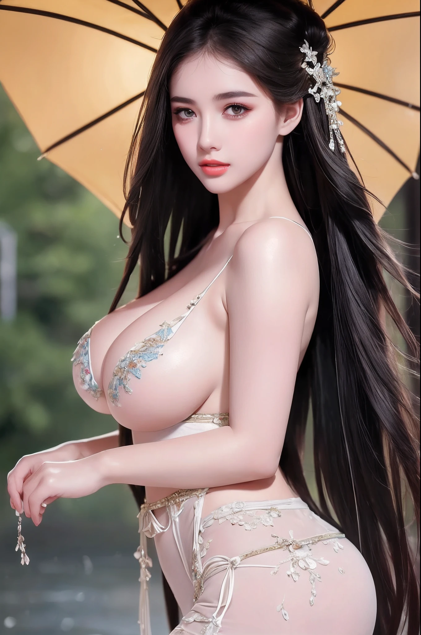 ((Best Quality, 8k, Masterpiece: 1.3)), Focus: 1.2, Perfect Body Beauty: 1.4, Buttocks: 1.2, ((Layered Haircut)), (Wet Clothes: 1.1), (Rain, Street:1.3), (Breasts: 1.2), (Hanfu: 1.2), Bare Shoulders, Bare Legs, Highly Detailed Face and Skin Texture, Fine Eyes, Double Eyelids, Whitened Skin, Long Hair, (Shut Up: 1.5), (Bokeh Background: 1.5), Big Breasts