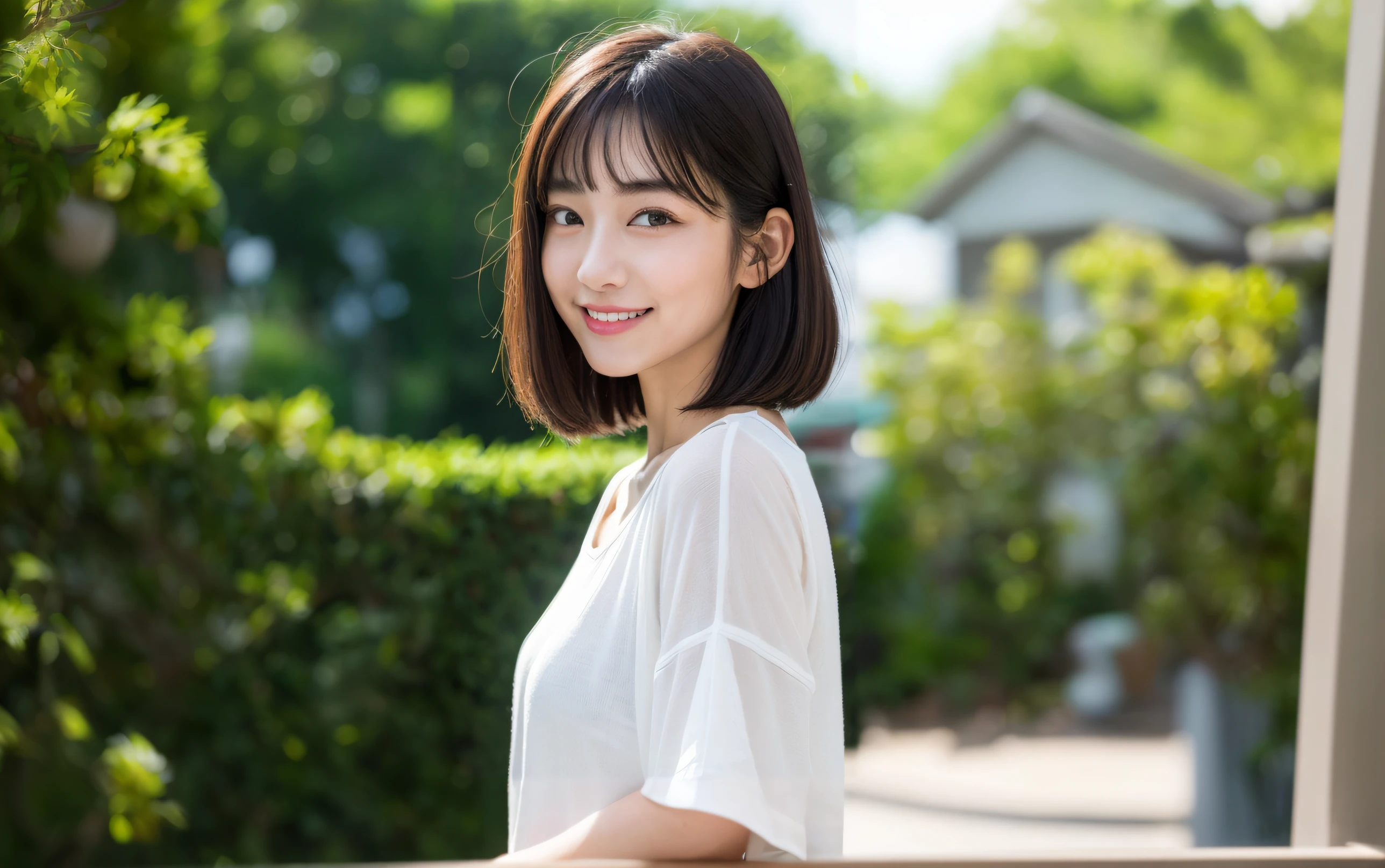 Full-body photograph of a cute young Japanese gravure idol with a D-cup bust, exuding a radiant smile, medium: photography, style: a seamless blend of urban sophistication and the playful charm of gravure, lighting: the soft sunlight filtering through the ginkgo trees, creating a warm and inviting ambiance, colours: the stark white of her T-shirt juxtaposed with the denim blue of her jeans, harmonizing with the golden-yellow of the ginkgo leaves, composition: captured with a DSLR, showcasing her confidently walking amidst the iconic ginkgo tree-lined street, her cheerful expression and casual attire contrasting beautifully with the timeless elegance of the urban setting