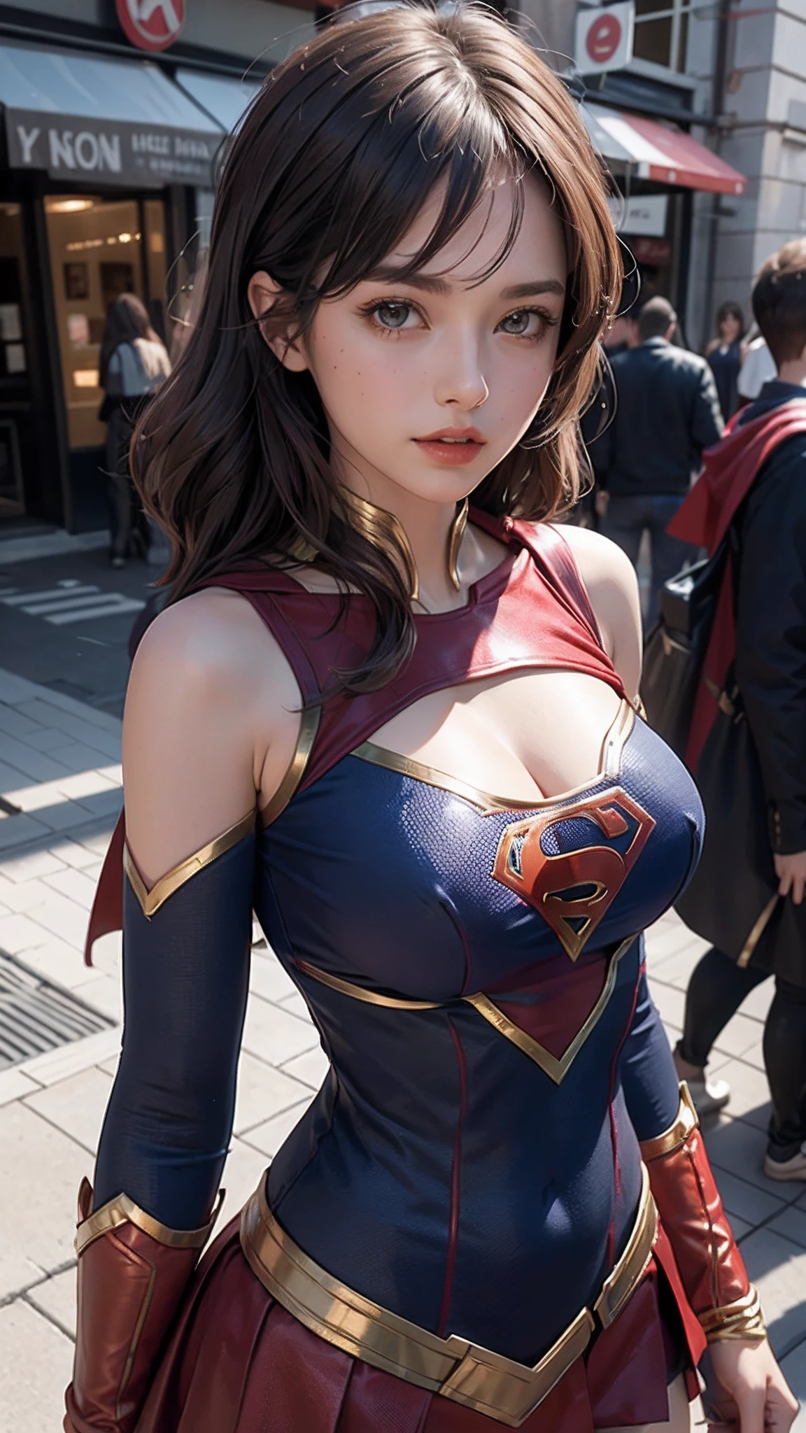 1gril，Woman body set big breasts，Supergirl costume dress，Cut clothes，Close-up，Off-the-shoulder attire，Charming，perfect bodies，the street，nabel，Abdominal vest line，brunette color hair