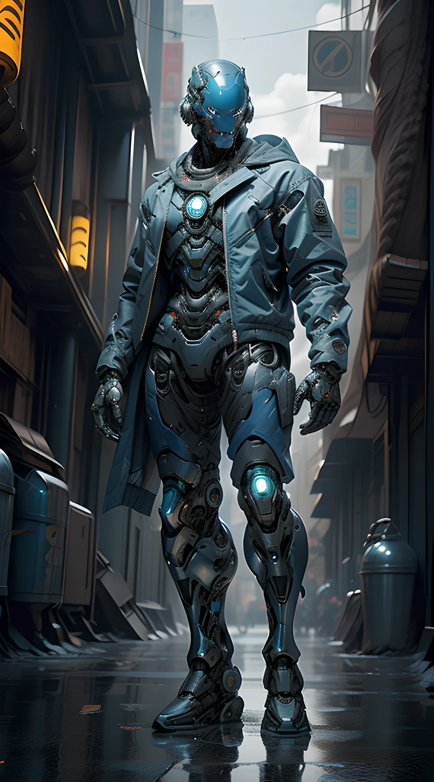 full body plane, a futuristic-looking ((blue chrome cyborg)) man with a fantastic ((square cyberhelmet head with blue lights)), mechanical feet, wearing a pair of ((iron gray tactical gloves)), dressed in a ((blue techwear jacket)), standing in cyberpunk city, face focus UHD, anatomically correct, best quality, masterpiece, reelmech