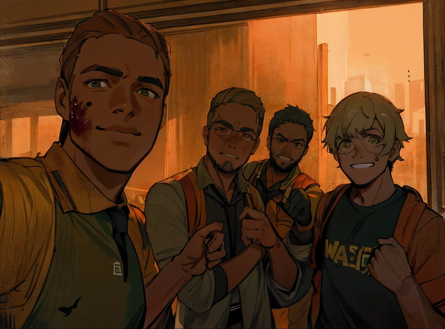 Quatro homens brasileiros juntos, one pointing at the camera, selfie em Minas Gerais, Survivors in a post-apocalyptic zombie world, sujos de sangue e sujeira, rostos raspados limpos, background of destroyed buildings and catching fire