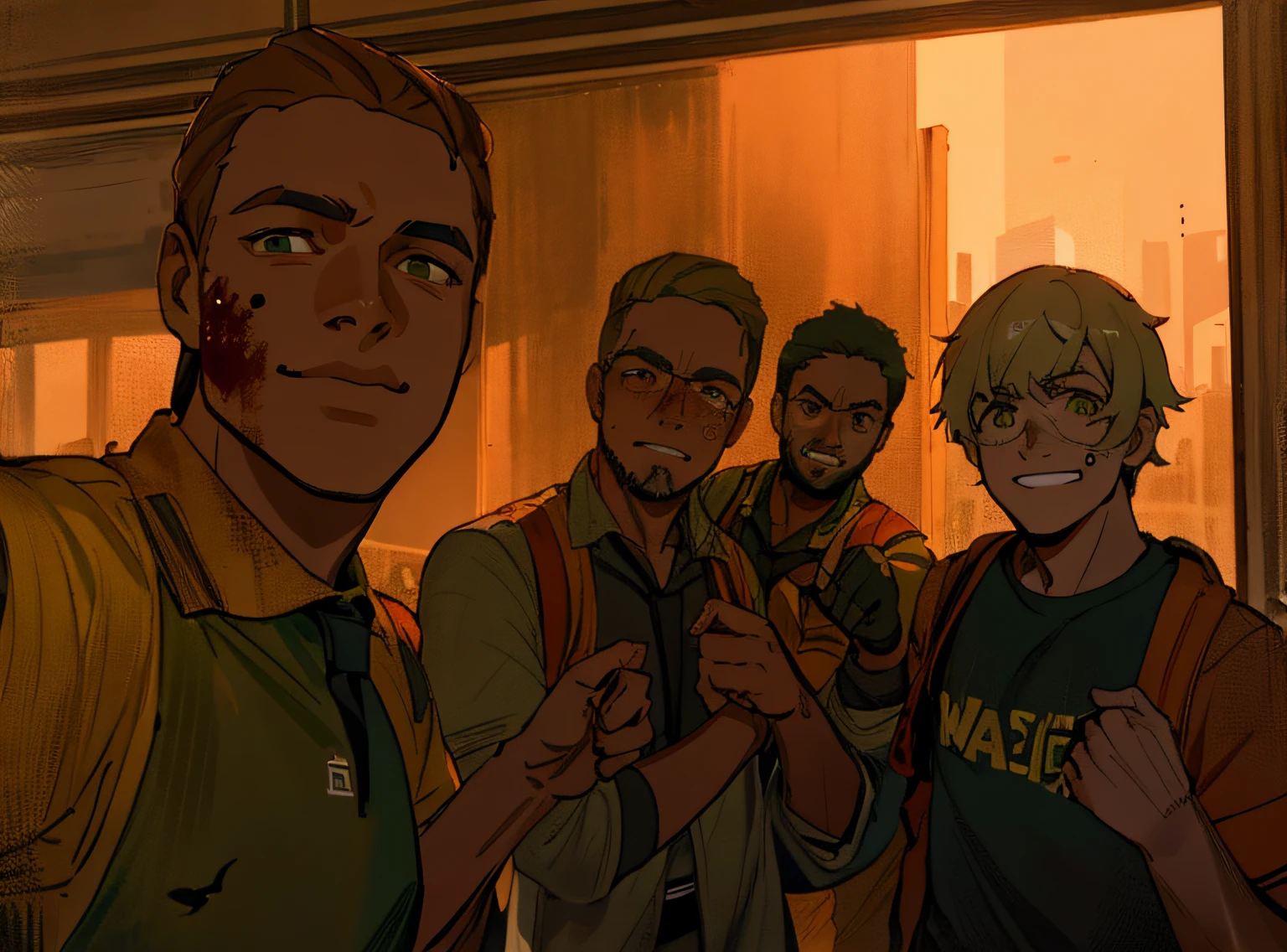 Quatro homens brasileiros juntos, one pointing at the camera, selfie em Minas Gerais, Survivors in a post-apocalyptic zombie world, sujos de sangue e sujeira, rostos raspados limpos, background of destroyed buildings and catching fire