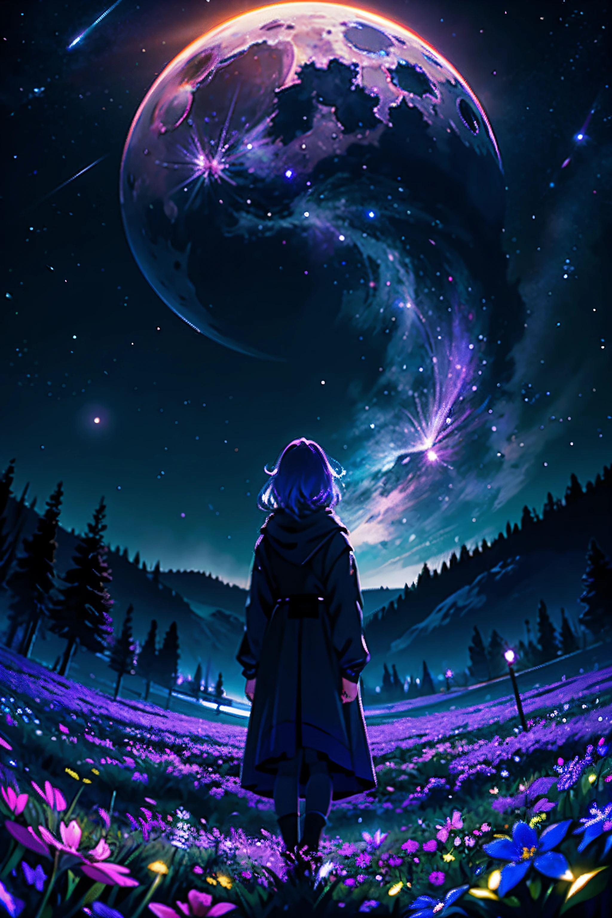expansive landscape photography, (a bottom view showing the sky above and the open countryside below), a girl standing in a field of flowers looking up, (full moon: 1.2), neon purple colored moon, (shooting stars: 0.9), (nebula: 1.3), distant mountain, BREAK tree production art, (cold light source: 1.2), (Firefly: 1.2), light fixture, lots of purple and blue, intricate details, BREAK volumetric lighting (masterpiece : 1.2), (best quality), 4k, ultra-detailed, (dynamic compositing: 1.4), highly detailed color detail (iridescent colors: 1.2), (bright lighting, atmospheric lighting), dreamy, magical, (solo: 1.2)