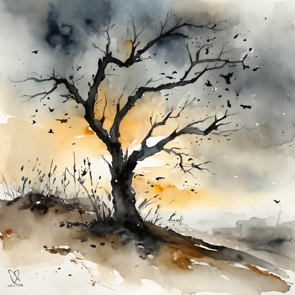 Two crows in a dead tree, Uma sombra em Forma de andador, Noite estrelada, Thick fog on the ground, Luz azul no horizonte, Motor Unreal 5, cinemactic, Low-angle photography, motion blur, proFundidade de campo, dust, Cobblestones and dirt. arte splash, pingando tinta. Perfect color classification. inFluenciado por karel Appel e jeremy mann, Full of dramatic and threatening scenes, hiper-detalhado, Beautiful, detalhes insanos, detalhes intrincados, FotograFia Editorial, FotograFado com uma lente de 50mm, proFundidade de campo, Tilt Blur, Velocidade do obturador 1/1000, F/22. Mapas de luz, super brilhante