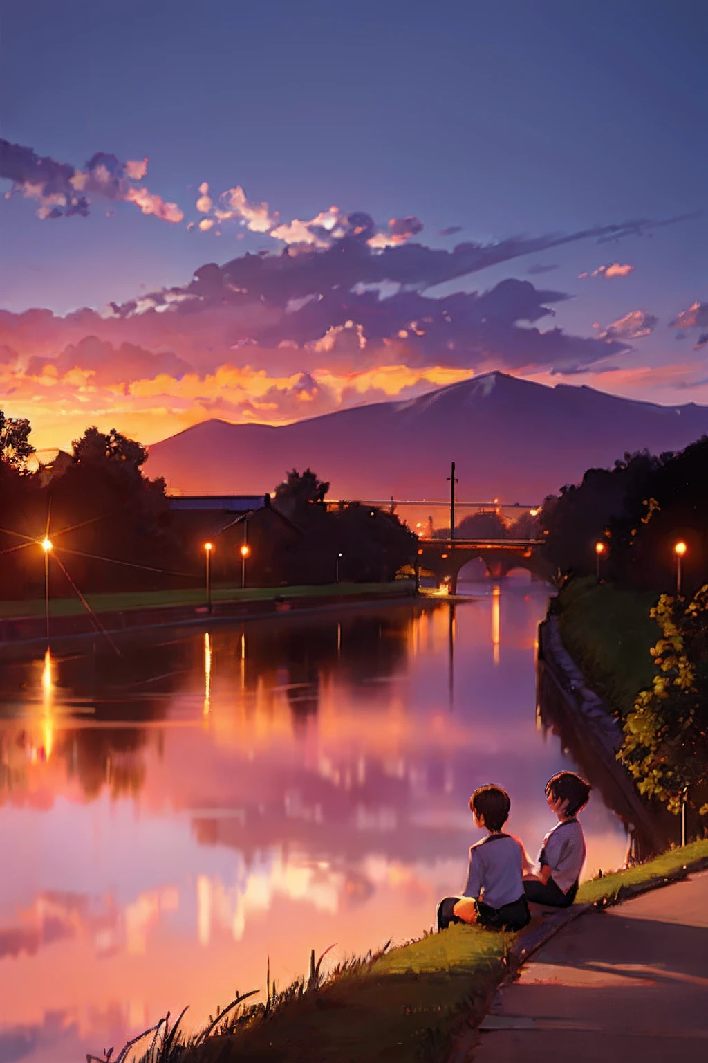 Create exquisite illustrations reminiscent of Makoto Shinkai's style, It has ultra-fine details and top-notch quality. Create a captivating illustration that encapsulates the essence of nostalgia and fantasy, featuring a group of male students in school uniforms reclining on the embankment. They gaze at the enchanting sunset in the distance, while beneath the embankment flows a serene river. The sun hangs low in the sky, casting a warm and golden glow that imbues the scene with a dreamlike atmosphere. The setting sun paints the sky in breathtaking hues of orange, pink, and purple, creating a panorama of vibrant colors that meld together seamlessly. The students, dressed in their school uniforms, lie on the embankment, their expressions a mix of contentment and wonder as they share this mesmerizing moment. Pay meticulous attention to detail, allowing the sunlight to caress their faces and the interplay of light and shadow to accentuate their surroundings. With the tranquil river flowing below, your task is to create an image that not only captures the serene beauty of the scene but also sparks the viewer's imagination, inviting them to join these students in their contemplative and magical experience. Through your artistic mastery, transform the embankment into a stage for nostalgia and wonder, where the shared view of the distant sunset fosters a sense of camaraderie and a deep connection to the fleeting beauty of the moment.