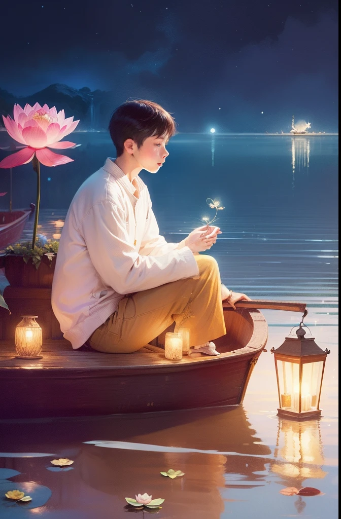 There was a boy sitting on a boat in the water, dreamlike illustration, sitting on a lotus flower, illustratio, illustrated in whimsical style, Fine quality illustrations, very peaceful mood, By Ni Duan, float under moon light at night, illustratio, floating among stars, calm evening. Digital illustration, cute illustration, cozy night fireflies, relaxing mood