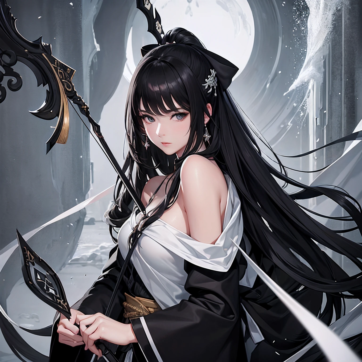 masterpiece、top-quality、hight resolution、High-quality images、8K、1womanl、detaileds、Detailed eye depiction、skin gloss、Lustrous black hair、Monochrome grayscale、Lisa、portlate、Master of the bow、longbows、