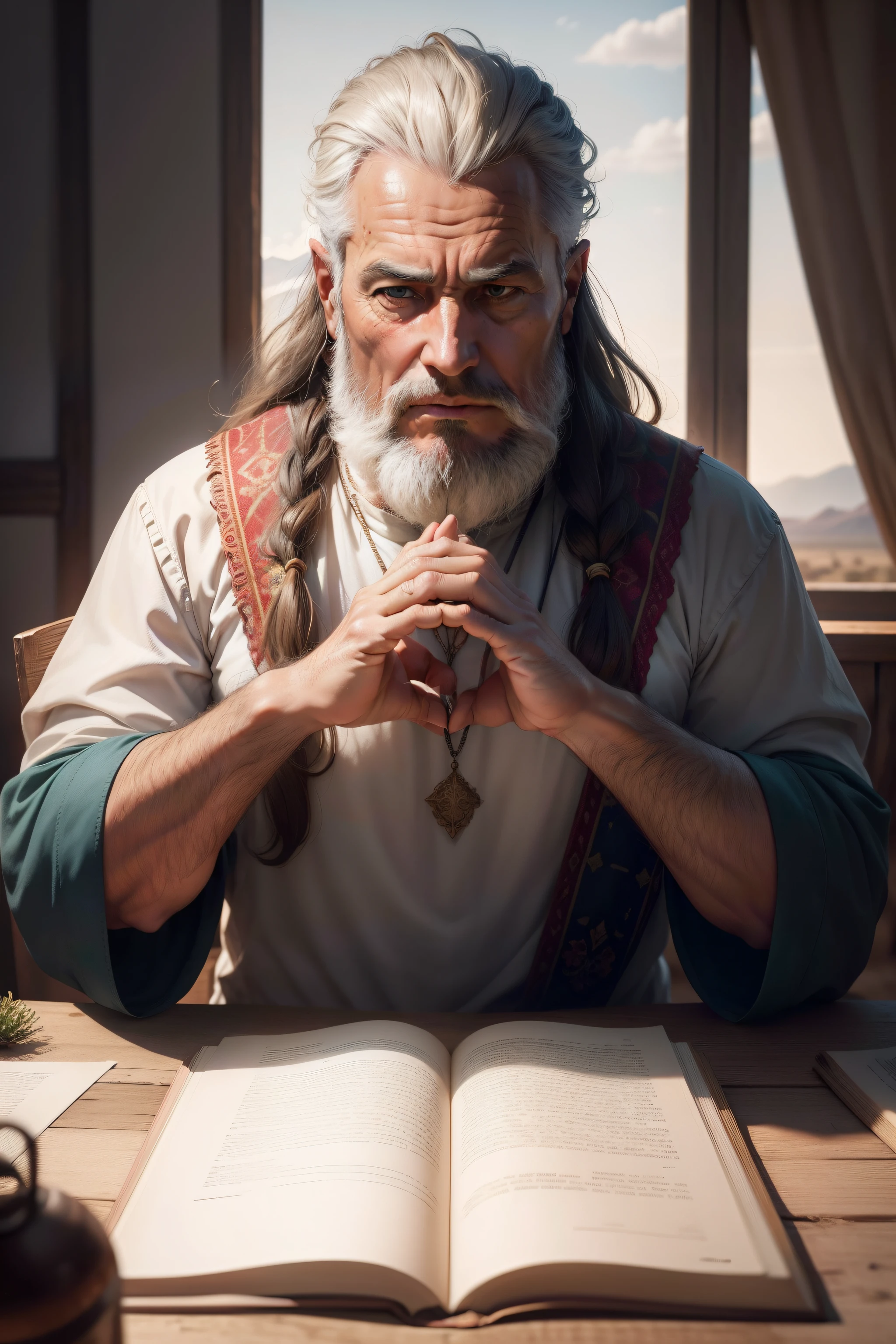 Imagine uma cena no deserto, where Abraham, a stout-looking man aged by hard work, Fica sob o sol escaldante. Sua barba e cabelos naturalmente grisalhos sopram suavemente ao vento enquanto a luz dourada do sol destaca cada fio. Sua pele, intemperizado por longas viagens ao ar livre, reflete a vida que ele levou. Seus olhos, full of wisdom and compassion, Shine with a deep connection to the divine. He raises calloused hands in a gesture of reverence, feeling God's presence in the vast wilderness around them. Tendas simples pontilham a paisagem, while the flock of sheep that grazed nearby suggests the nomadic life Abraham led. Terroso, cores quentes envolvem suas roupas, misturando-se com o pano de fundo arenoso. A cena exala respeito, leadership and spirituality that spans the centuries."master part, best quality, alta qualidade, papel de parede 8k extremamente detalhado por unidade CG, award-winning photography, Bokeh, profundidade de campo, HDR, florescer, chromatic aberration , fotorrealista, extremamente detalhado, trending on ArtStation, trending in cgsociety, intrincado, High detail, Dramatic, Arte no meio da jornada