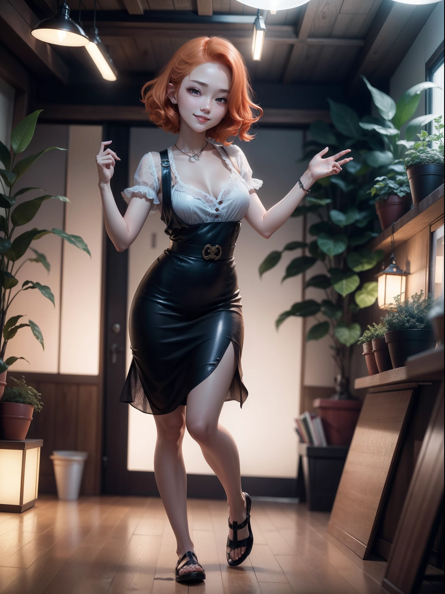 Natural strawberry blonde and redhead girl with pretty face, cute pose, happy, petite body, skinny, atmospheric, dark ambiance, edge lighting, facial features of 秋山眞緒 and 山本彩 and 松井珠理奈 and 齋藤飛鳥 and 秋山眞緒, 8k, , full body portrait, elegant, natural lighting, spooky greenhouse at night setting, sharp focus, very detailed face, beautiful face, smiling, happy, 64k, UHD, b cup, beautiful soft skin, vibrant skin, photorealism