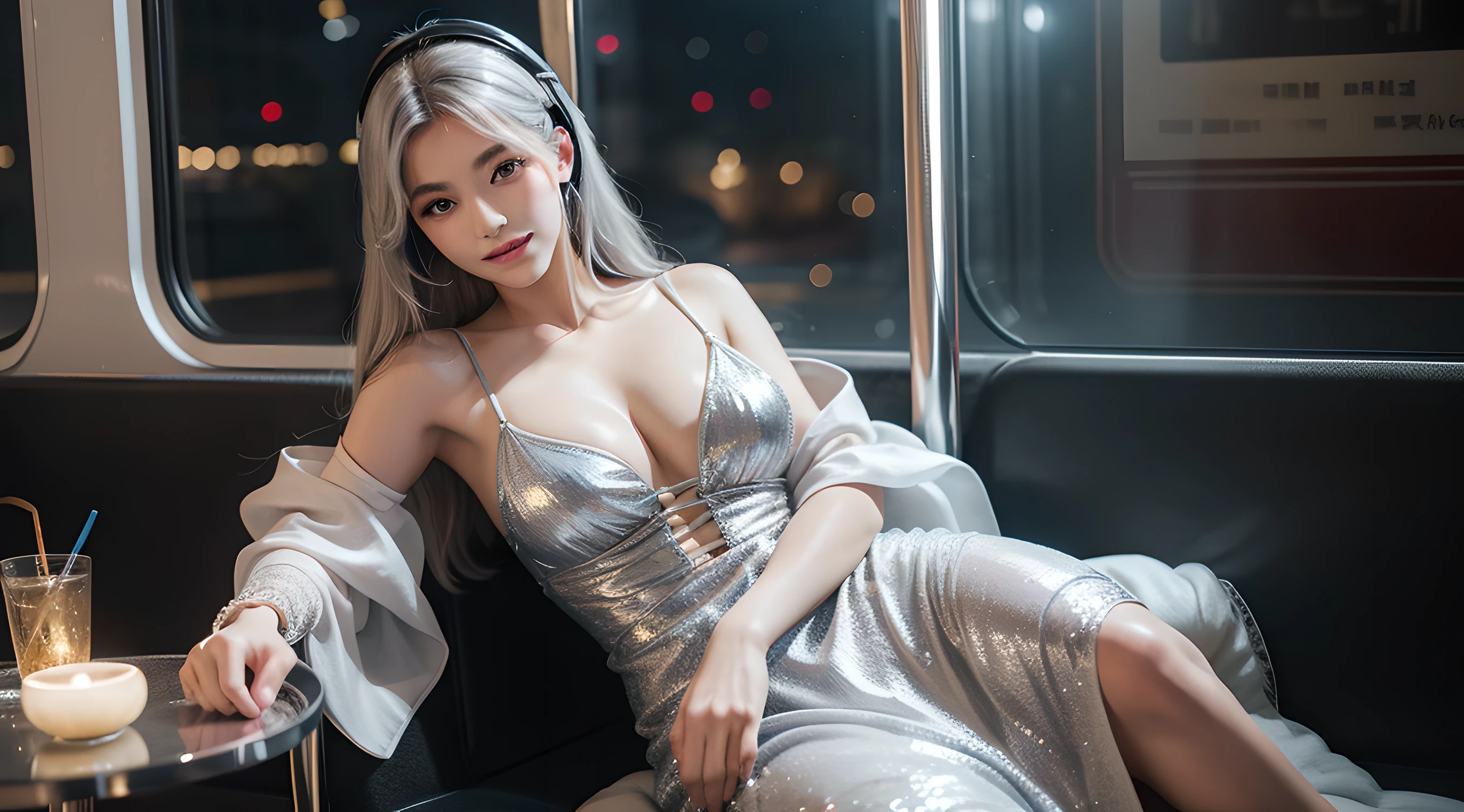 There is a woman sitting on a train with a bag and headphones, on the subway, hot petite, touching her clothes, candid shot, That smell, けもの, Close up of silver smile with open mouth, (realisitic), (1 girl in), Korean Girl, (Best Quality), Solo, Big Breast, Highly detailed airbrush art, Volumetric lighting, The ultra-detailliert, Highly detailed colorful details, dynamic compositions, Shallow depth of field, mixing  exposure, Her eyes are shining silver, Her silvery face is, A smile appears on her silvery lips, The sun is slowly tilting to the west, The swaying waves create a beautiful scene, A lot of silver, The art depicts a charming woman dressed in a flowing, silky traditional oriental dress, white, decorated with intricate patterns and bright colors. Her dress drapes elegantly over her curvy figure, accentuating her seductive silhouette. She stood gracefully in the quiet moonlit night, bathed in the soft glow of the moonlight. The scene exudes an ethereal and dreamy atmosphere, with a touch of mystery and sexiness. The graphic style blends watercolor and digital illustration techniques to evoke a refined beauty and charm. The lights are filled with soft moonlight, casting soft highlights and shadows on her charming features.