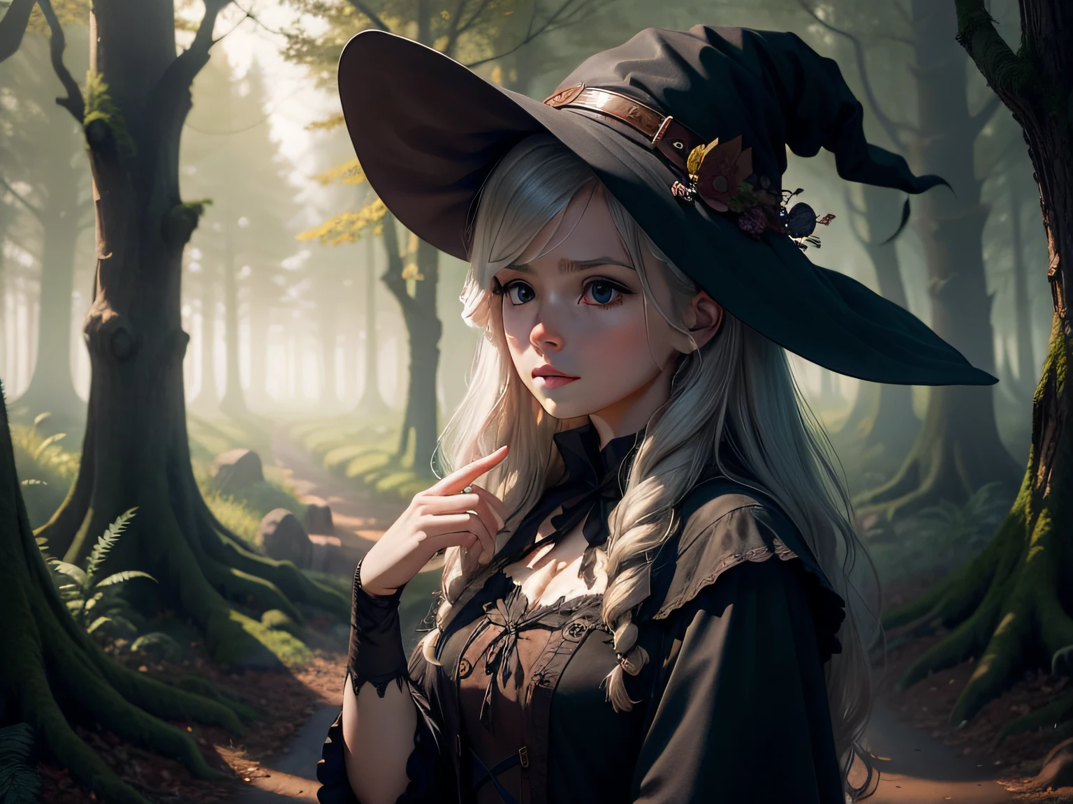 A young witch in an enchanted forest