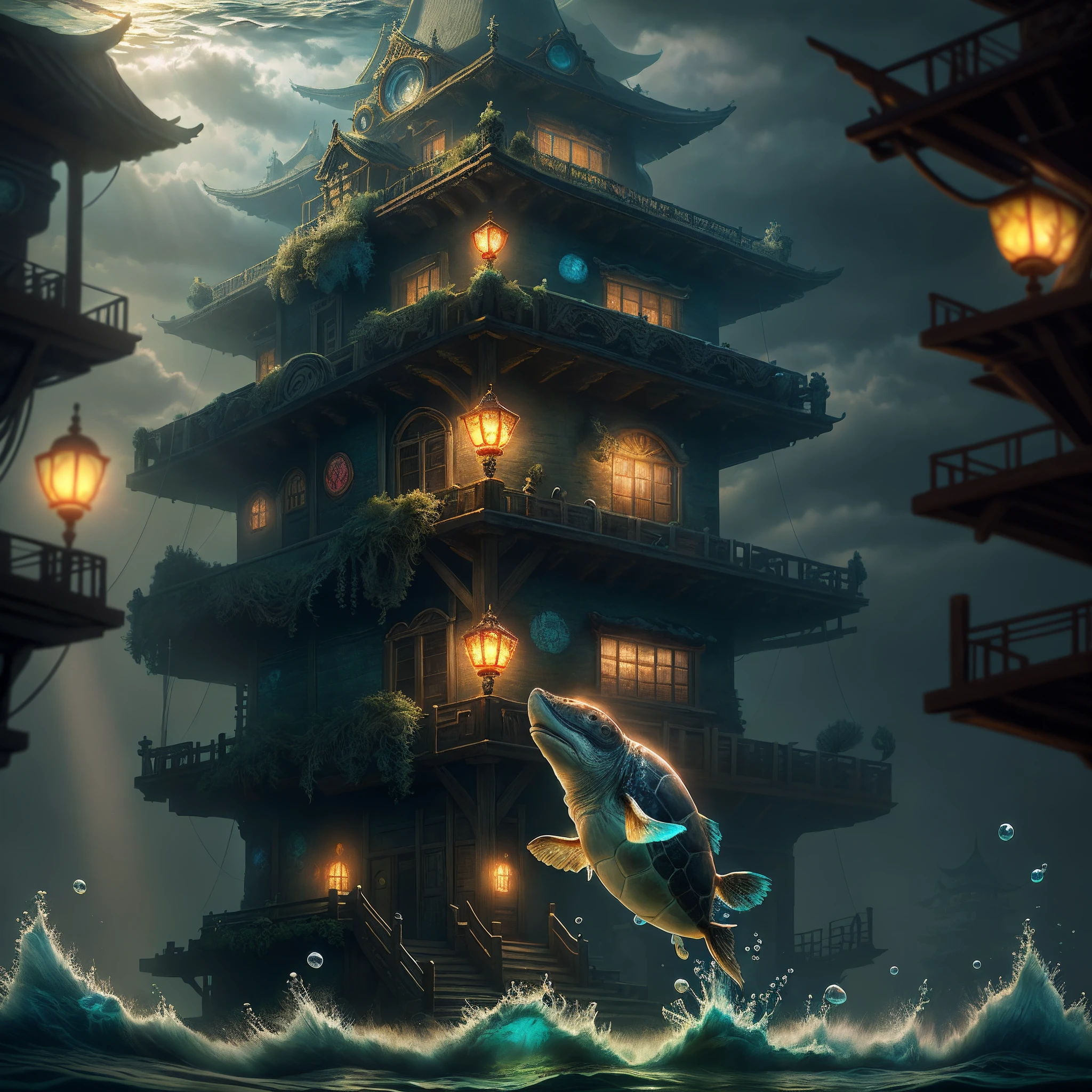 (underwater water world), there is a picture of an underwater scene with a castle, underwater city, underwater temple, underwater city, underwater temple, underwater temple with fish, masterpiece underwater scene, underwater temple The scene, the lost city of Atlantis, the underwater environment, the underwater environment, the ancient Chinese palace, (the little girl rides a whale and swims from afar), corals, sea turtles, jellyfish, many colorful sea fish, works of masters, Best picture quality, higher quality, high detail, super high resolution, depth of field, telephoto lens, glowing skin, abstract background, girl, beautiful girl, single person, long hair, sea, liquid background, colorful bubbles, fantasy , Cinematic Lighting, Ambiance Lighting, Natural Light Masterpiece, Best Quality, High Quality, Extremely Detailed CG Unity 8k Wallpaper, Oil Painting, Award Winning Photography, (Vision), Depth of Field, OC, Glow, Chromatic Aberration, Photorealism, Very detailed