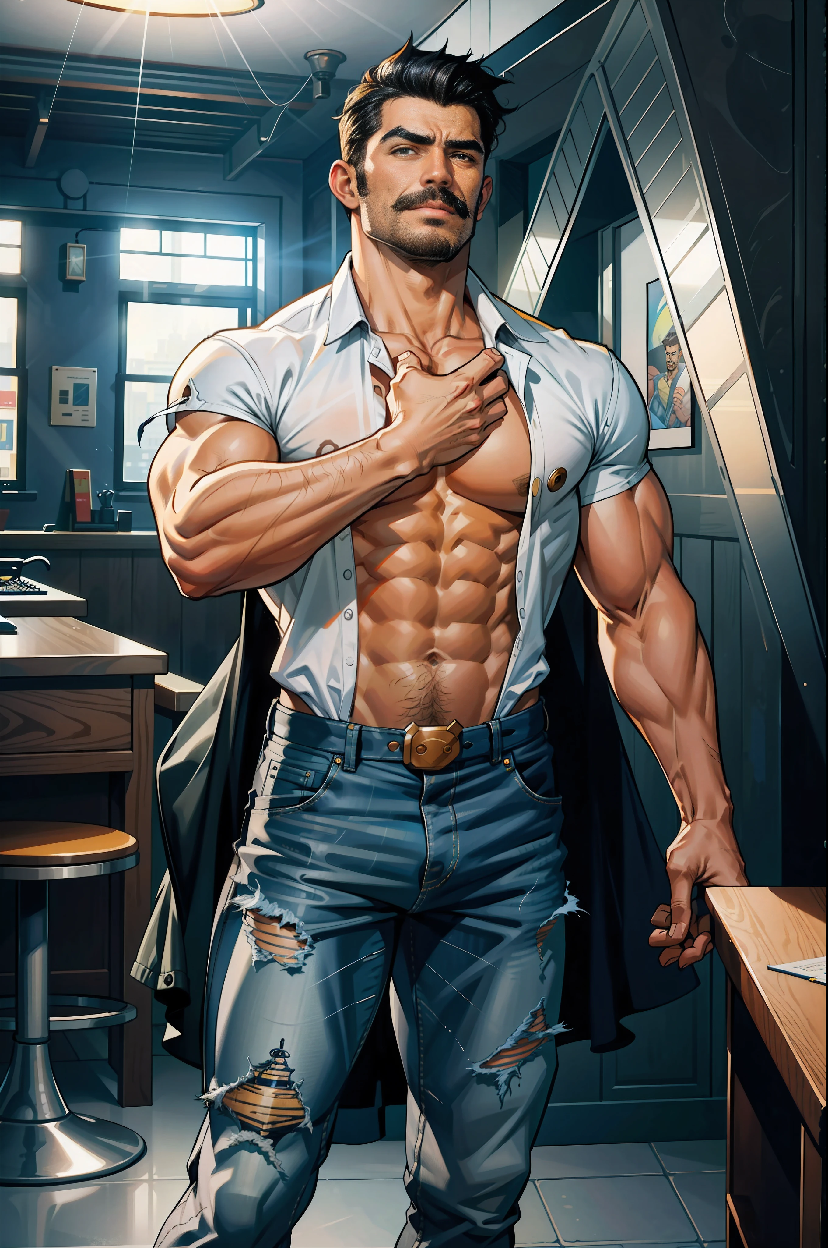 (original-art:1.2),(lineart:1.33), 1male, black hair, 1950s greaser, mature masculine muscular, handsome chisled facial features, muscular hairy body, 70s mustache, unbuttoned ripped white shirt, open shirt, un-zipped jeans, opened pants, pubic hair, huge crotch bulge, sexy, hot, jock, erotic, (hyperdefined),(inked-art), hero-angle, masculine stance, erotica, mocho, full body shot, cartoon, indoor, dramatic lighting, sidelighting,complex lighting,(full vibrant colors),hatched-texture,(fine-details:1.2),absurdres,flat-colors,ultradetailed, city street,