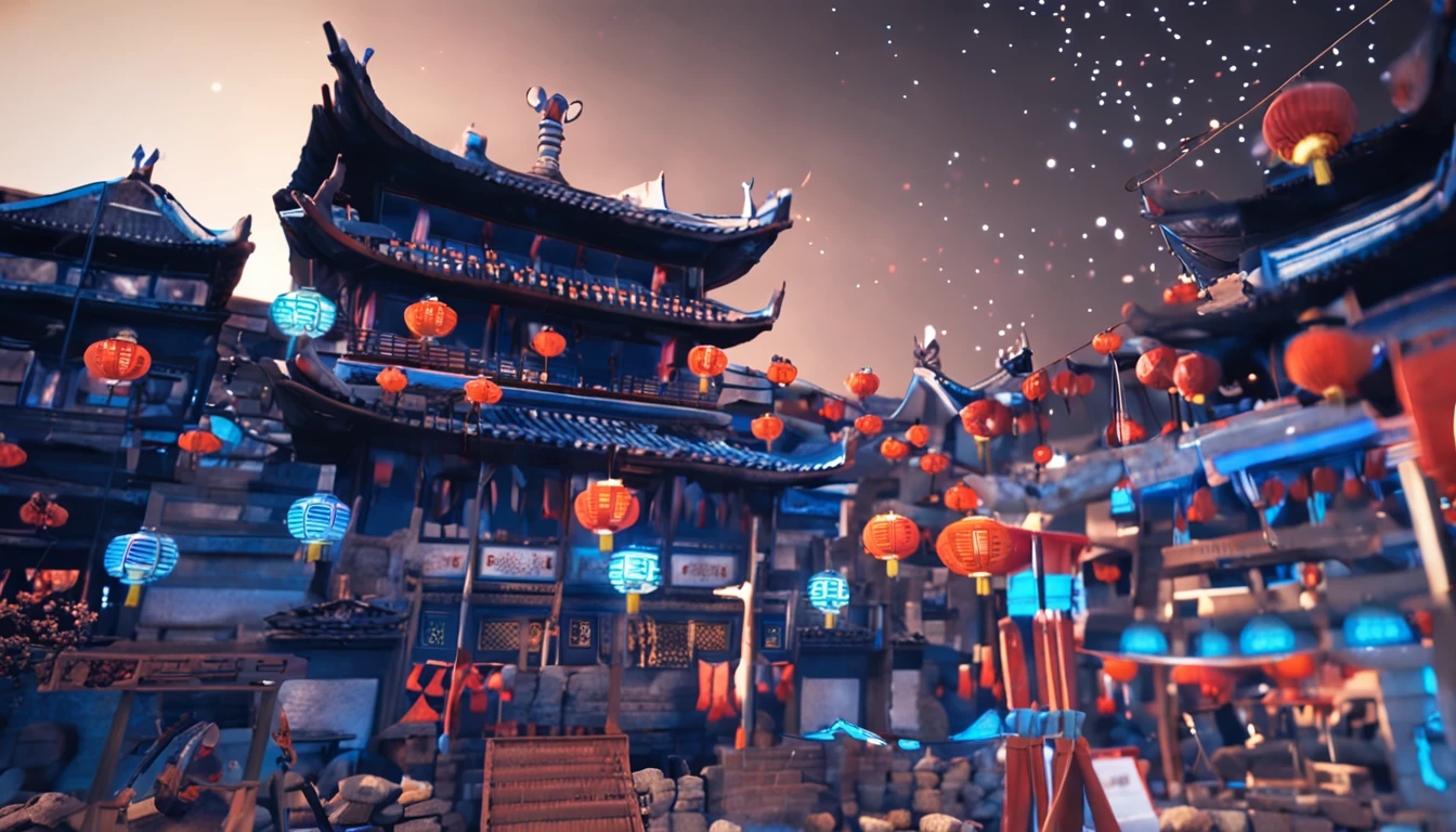 Blue and white lights,nighttime scene,Chinese Drum Tower,ancient buildings,Combined with modern cities,New Chinese,Shadow stills,フォトリアリスティック,8k