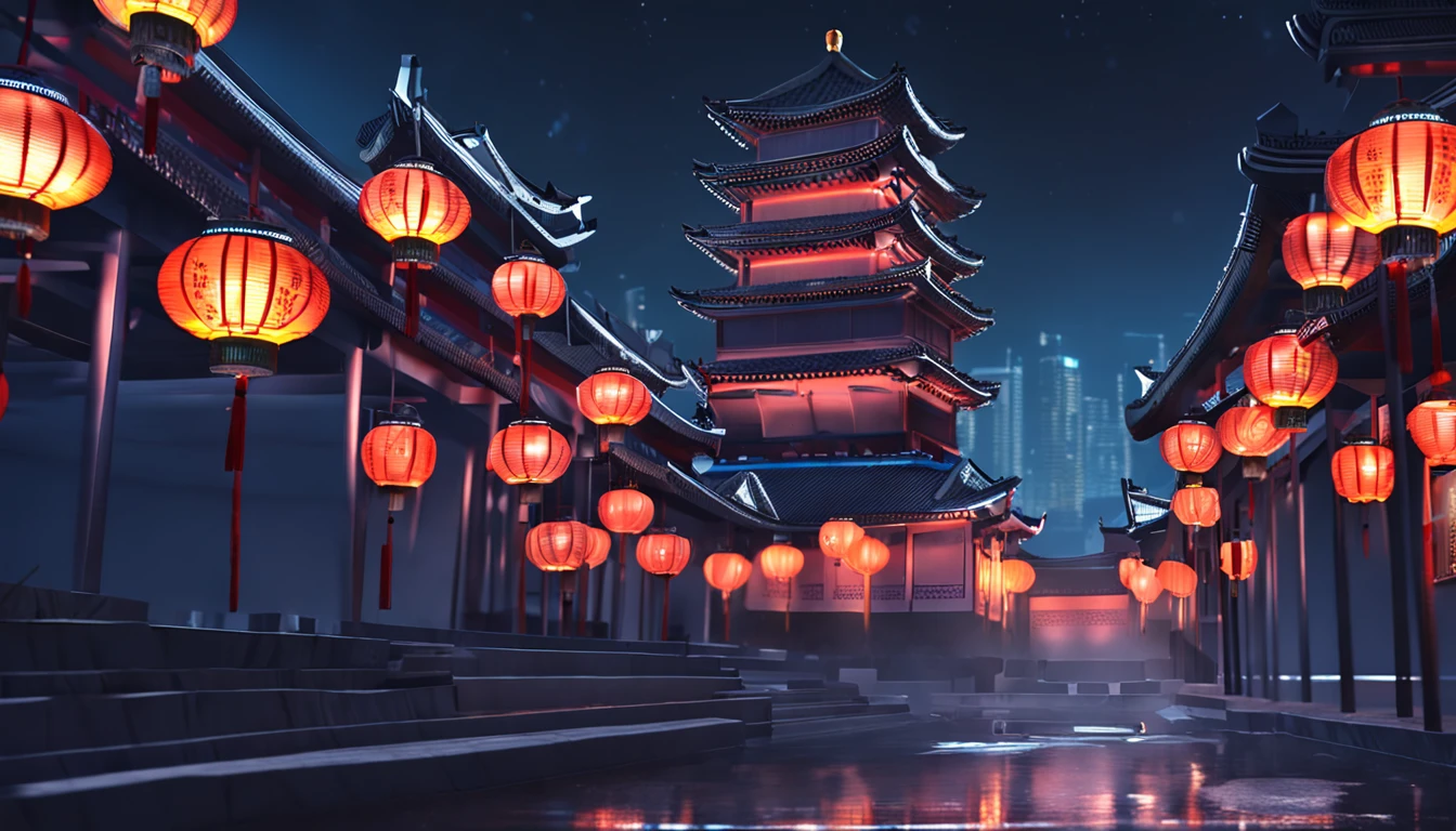 Blue and white lights,nighttime scene,Chinese Drum Tower,ancient buildings,Combined with modern cities,New Chinese,Shadow stills,フォトリアリスティック,8k