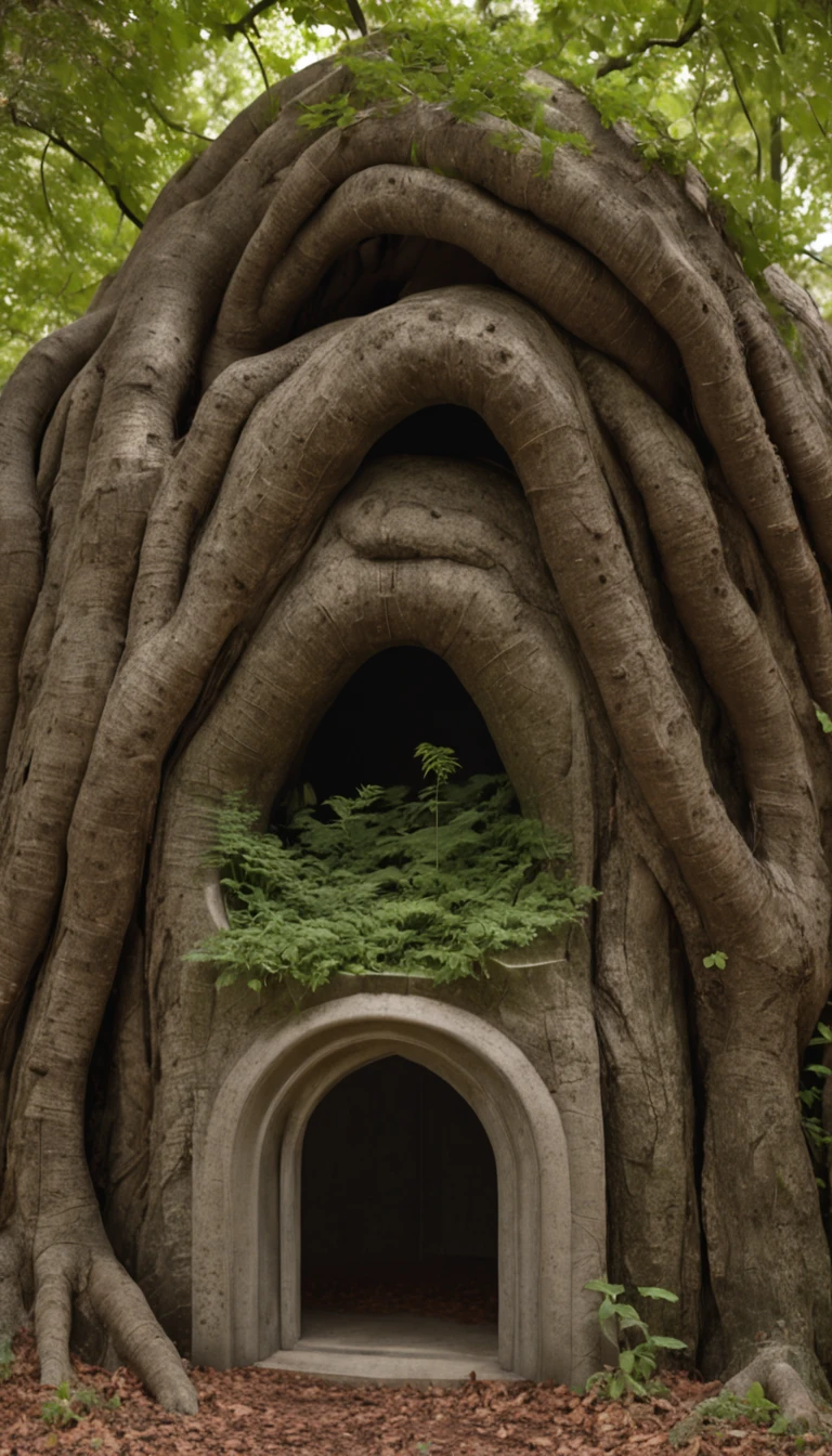 In a dense, shadowy forest where the trees loom tall and twisted, a faint, ethereal glow beckons from behind the foliage. Concealed amidst the underbrush and ancient tree trunks lies a sleek, futuristic cryochamber sleeping pod. Its modern, minimalist design contrasts starkly with the wild, untamed surroundings. The pod's seamless door hints at the sanctuary within, and a gentle luminescence escapes from its edges, creating a halo of light in the surrounding darkness, hinting at the wonders and mysteries housed inside