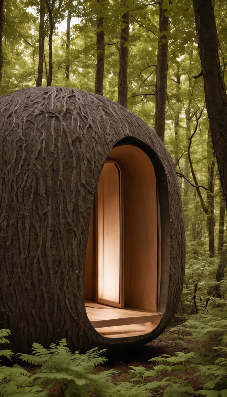 In a dense, shadowy forest where the trees loom tall and twisted, a faint, ethereal glow beckons from behind the foliage. Concealed amidst the underbrush and ancient tree trunks lies a sleek, futuristic cryochamber sleeping pod. Its modern, minimalist design contrasts starkly with the wild, untamed surroundings. The pod's seamless door hints at the sanctuary within, and a gentle luminescence escapes from its edges, creating a halo of light in the surrounding darkness, hinting at the wonders and mysteries housed inside