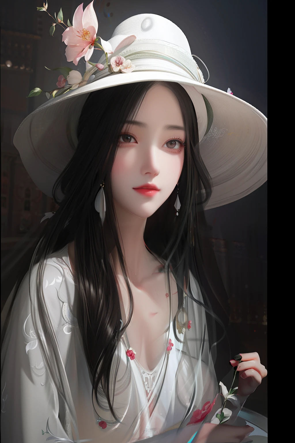 There is one wearing a white hat，Woman holding a flower in her hand, Guviz-style artwork, elegant digital painting, Beautiful character painting, Beautiful digital illustration, A beautiful artwork illustration, author：Fan Qi, Exquisite digital illustration, By Li Song, in the art style of bowater, digital art of an elegant, stunning digital illustration, Guviz