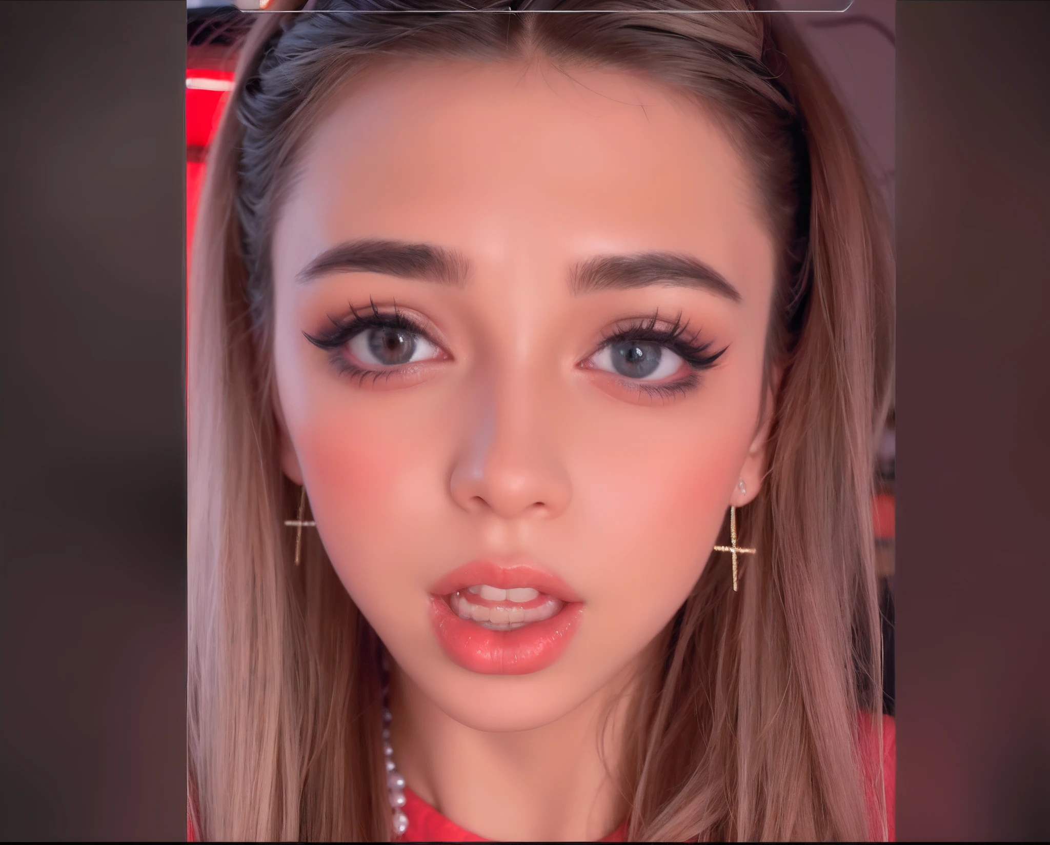 Nahaufnahme einer Frau mit langen Haaren und einer Halskette, belle delphine, hyperrealistischer Teenager, Pokimane, Hyperrealistisches Gesicht, Weiches Devil Queen Madison Bier, ultrarealistisches Gesicht, Sexy Gesicht mit vollem Make-up, Nahaufnahme Gesicht, riesige, nach unten geneigte Augen, Nahaufnahme im Gesicht, Erschrockener Blick, Ultrarealistische Gesichter, portrait sophie mudd