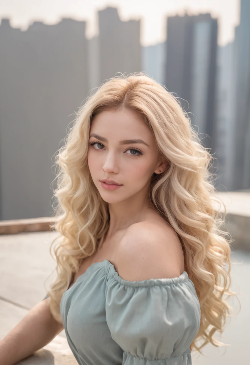 (One lady)、Sexy Woman, 20 years old, slim, Athletic, Tanned skin, Big breasts, Narrow waist, Curly blonde hair, instagram model, Realistic, Instagram Photos, Photography, genuine, natural. Dubai Landscape, High-rise building hands with hair behind head