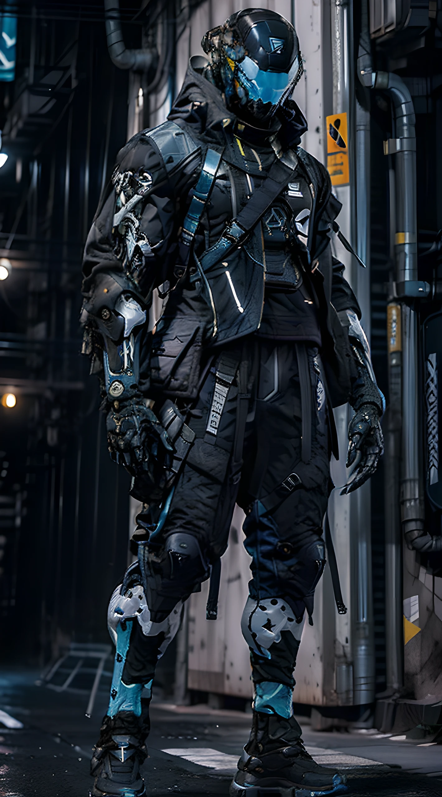 full body plane, a futuristic-looking ((blue chrome cyborg)) man with a fantastic ((square cyberhelmet head with blue lights)), wearing a pair of ((iron gray tactical gloves)), dressed in a ((blue techwear jacket)) and a ((black tactical trousers)), standing in cyberpunk city, face focus UHD, anatomically correct, best quality, masterpiece