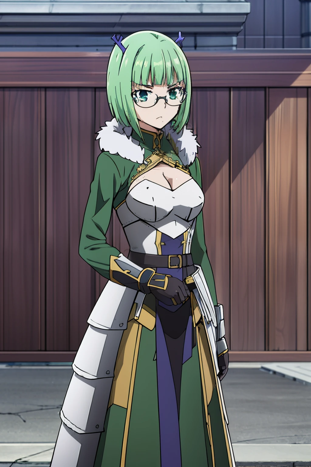 1girl,masterpiece, 8k,semi-realistic,4k,RTX,shaders,brilliant texture work, (tall)), ((medium breast)), belt, masterpiece, best quality, ((glasses)), green fur jacket, blue dress, (blue-framed eyewear:0.9), green hair, yellow hair, arrogant, princess dress, armored, hold sword