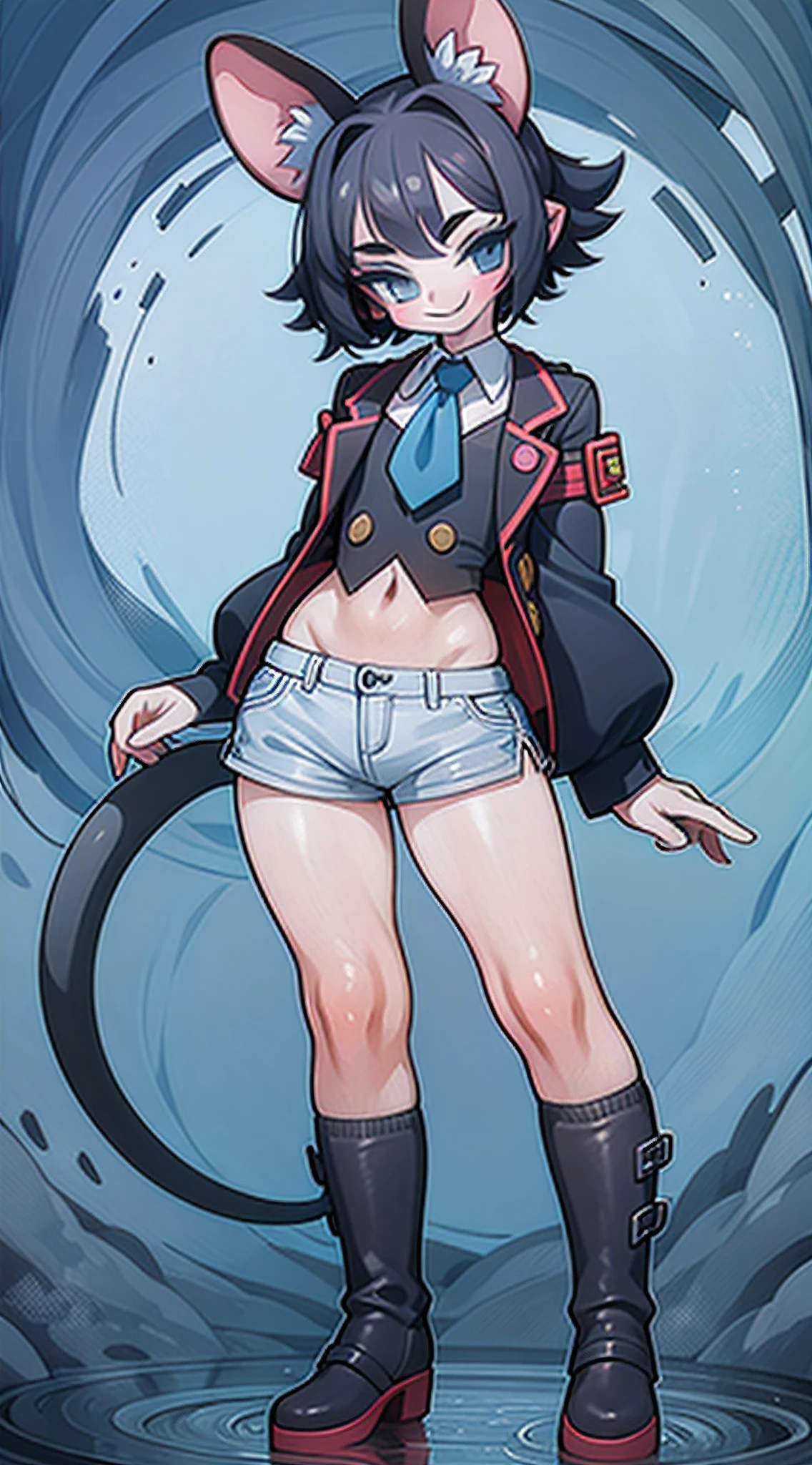 Anime character, high detail, Detailed art style, (canny smile:1.4), short curly hair, little chest, tailcoat, Short shorts, full length, the perfect body, Colors: black & Blue, (1 boy:1.2), with ears and tail, Like a mouse, The body is like a girl's, Long tight-fitting boots