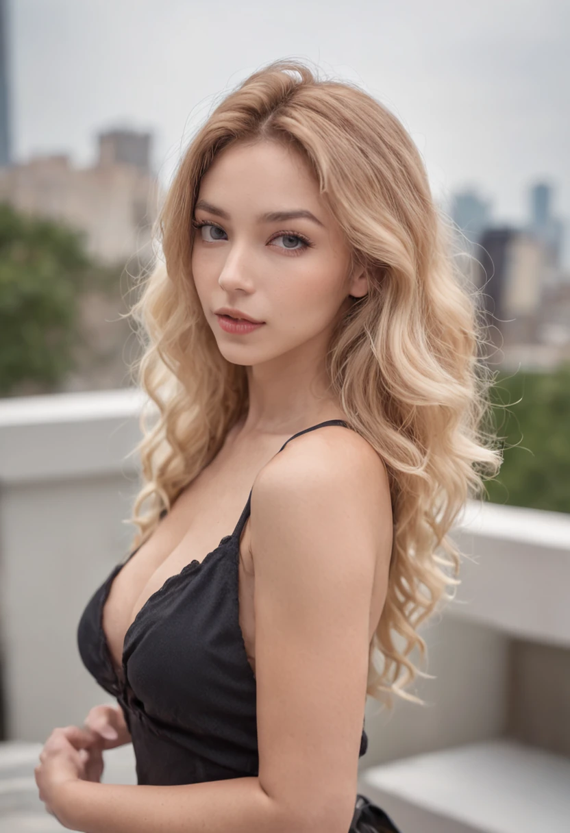 (One lady)、Sexy Woman, 20 years old, slim, Athletic, Tanned skin, Big breasts, Narrow waist, Curly blonde hair, instagram model, Realistic, Instagram Photos, Photography, genuine, natural. Dubai Landscape, High-rise building hands with hair behind head