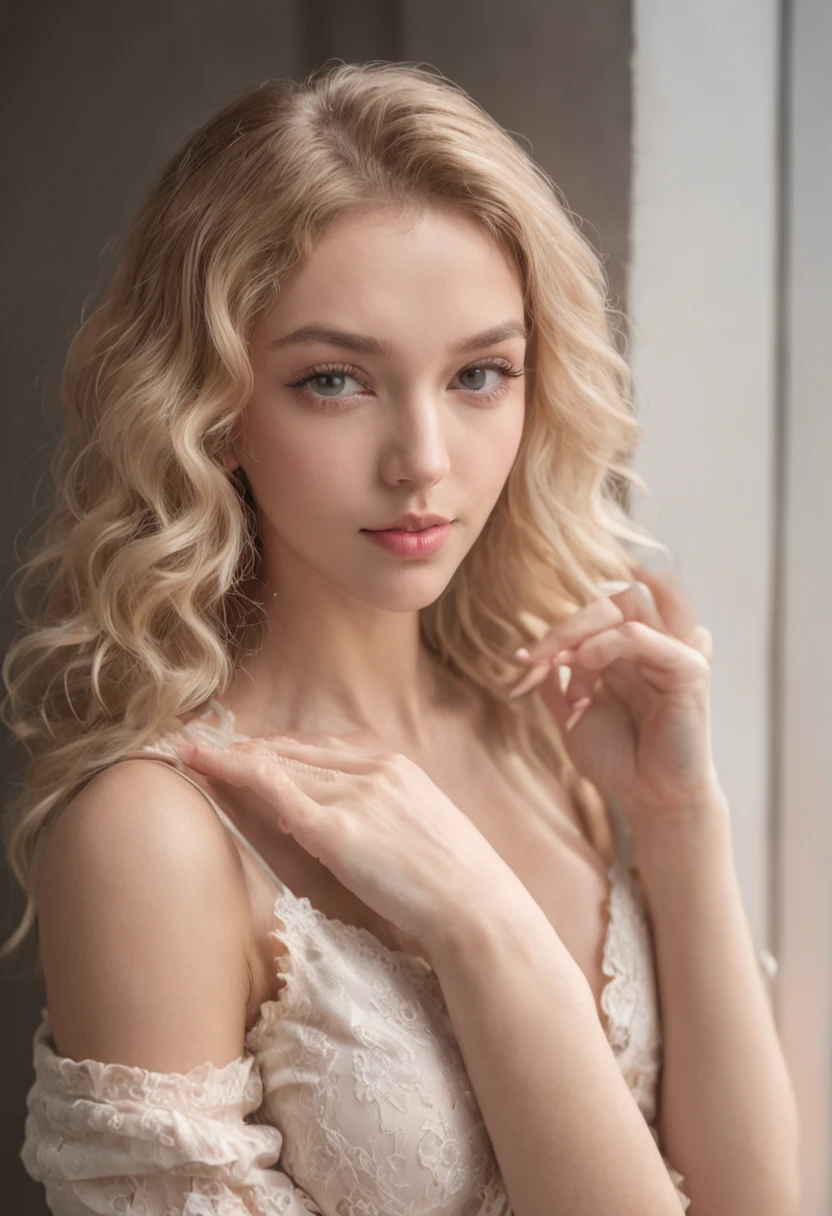 (One lady)、Sexy Woman, 20 years old, slim, Athletic, Tanned skin, Big breasts, Narrow waist, Curly blonde hair, instagram model, Realistic, Instagram Photos, Photography, genuine, natural. Dubai Landscape, High-rise building hands with hair behind head