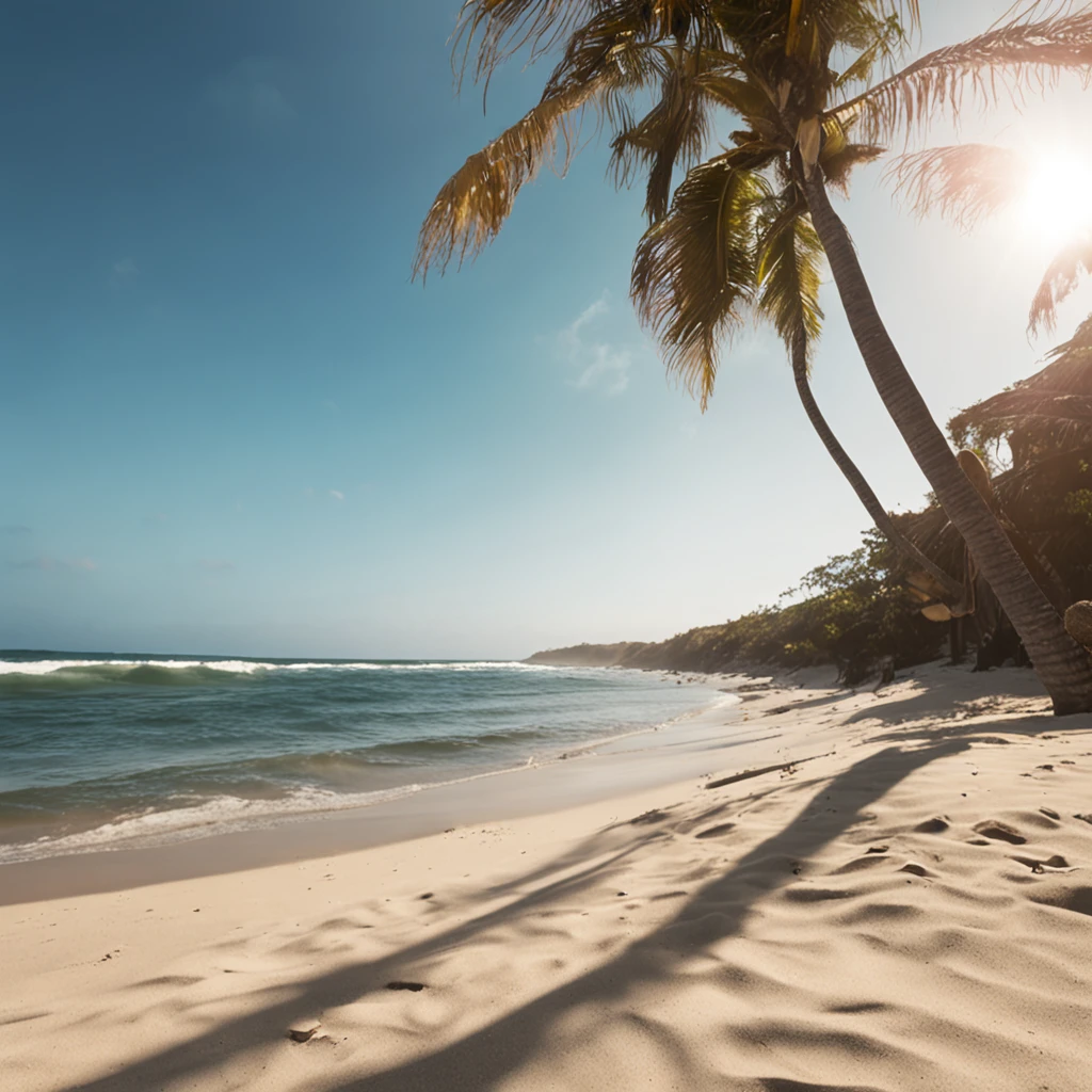 Criar uma cena na praia, with family having fun on the soft white sand, com um mar exuberante e ondas batendo na praia, cores vivas e vibrantes, and sun shining in blue sky.